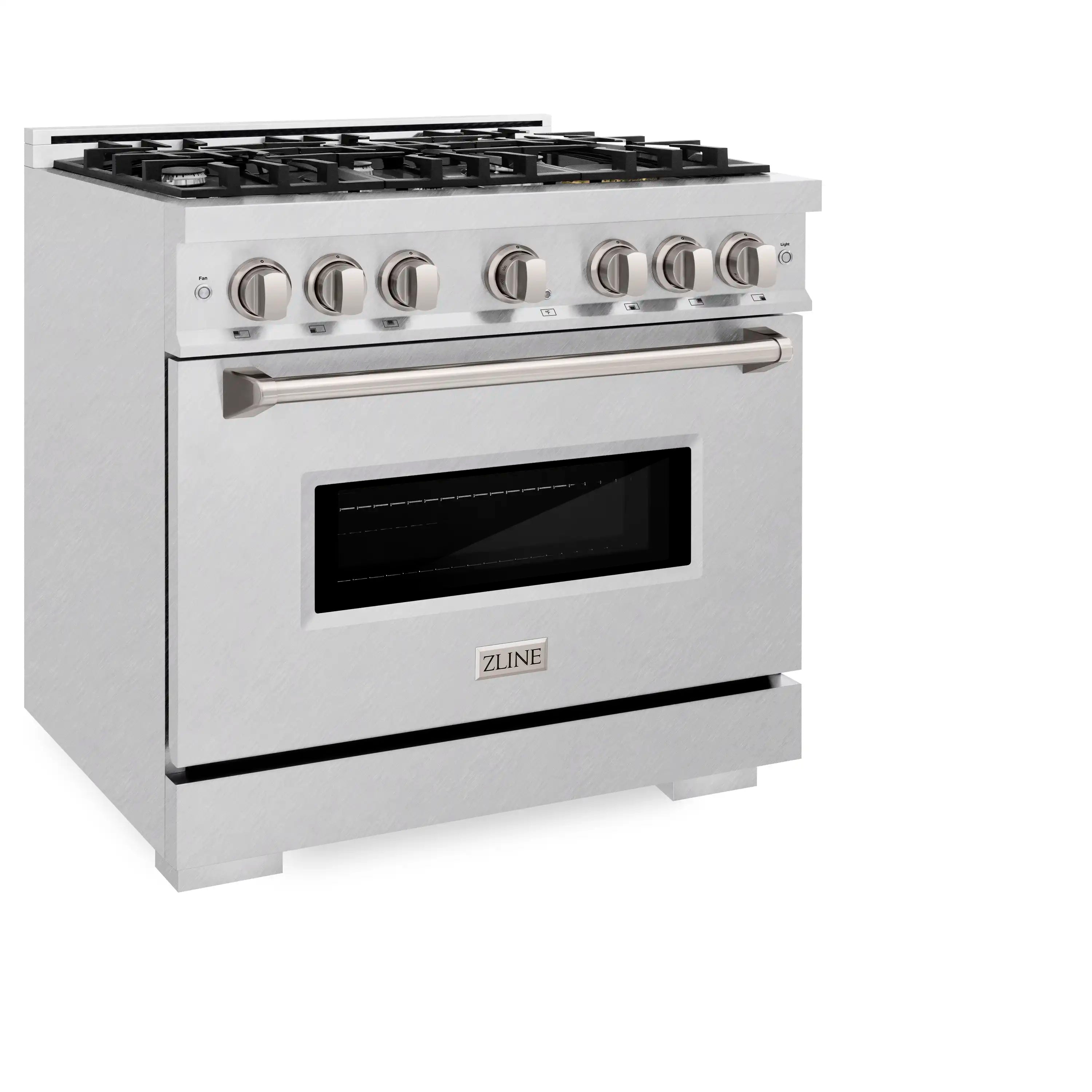 ZLINE satin stainless gas range with control knobs and black windowed door