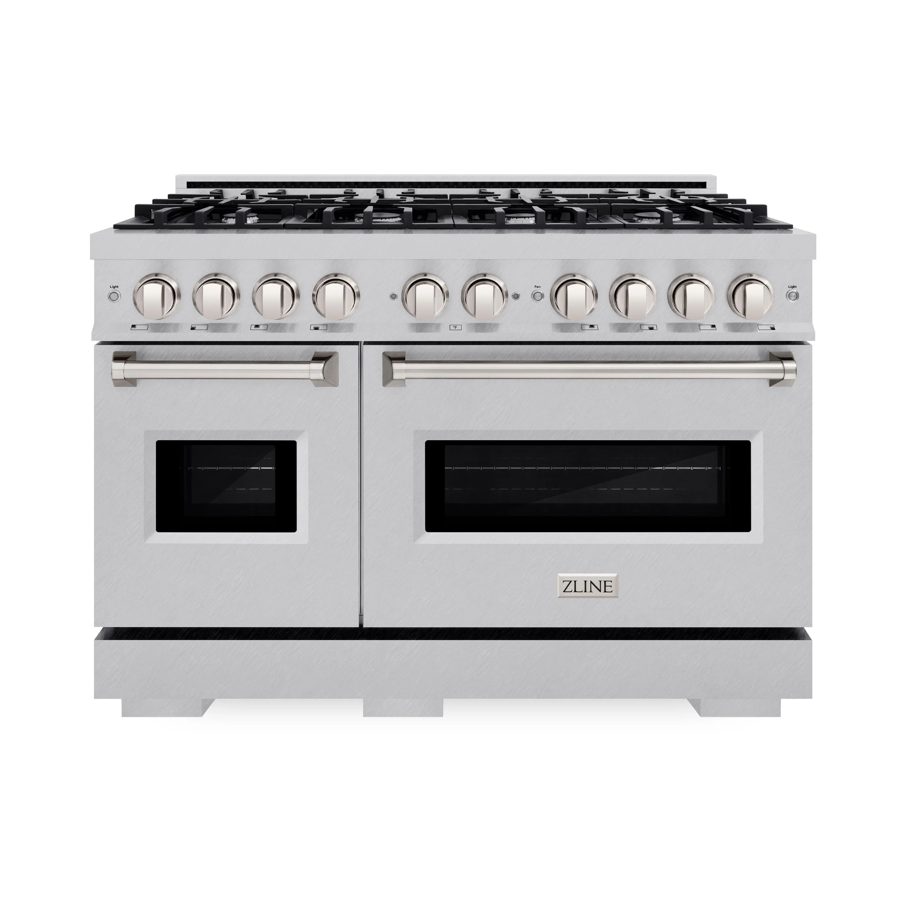 Satin stainless steel gas range front with control knobs, cooktop grates, and doors