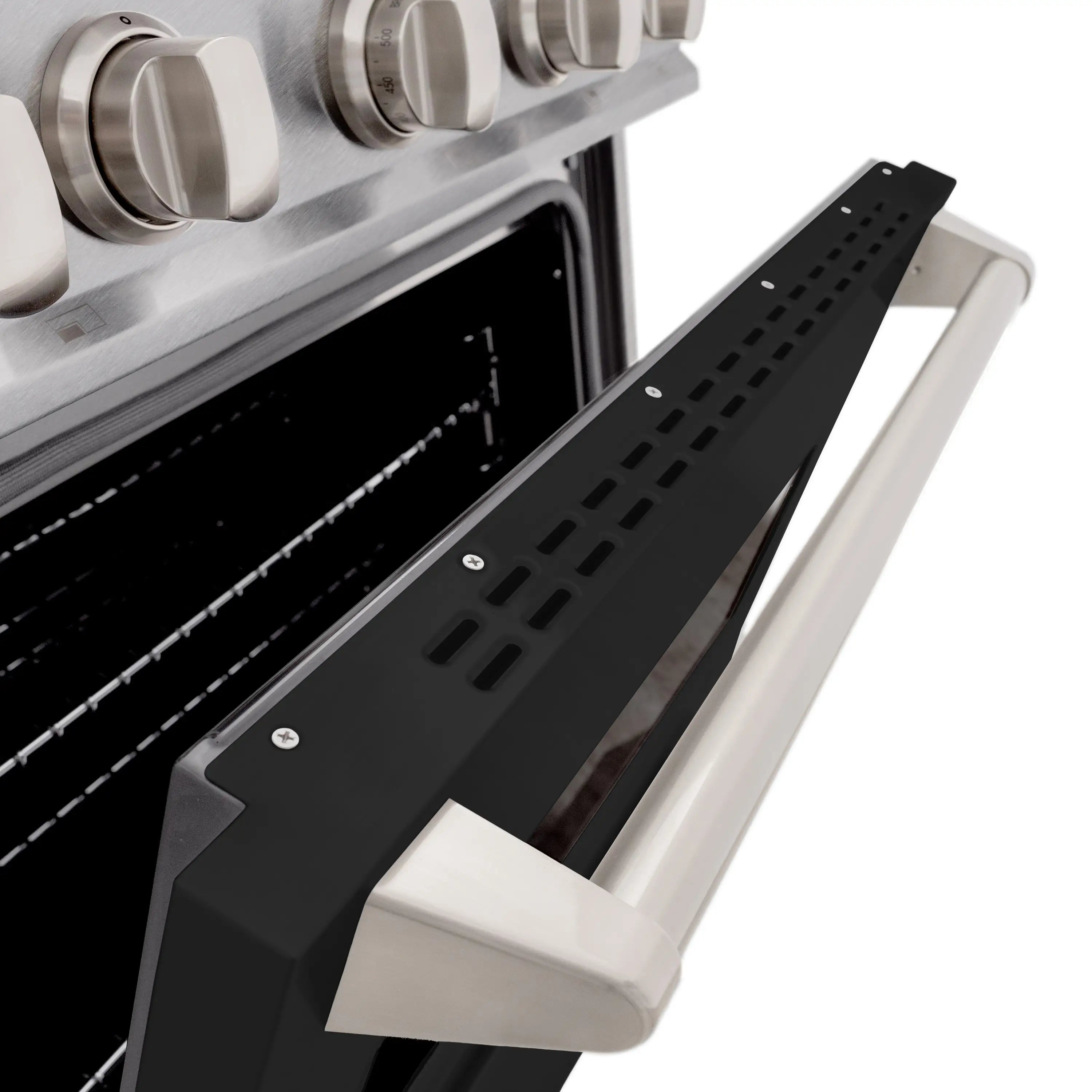 ZLINE gas range oven door open showing black interior and vented black tray