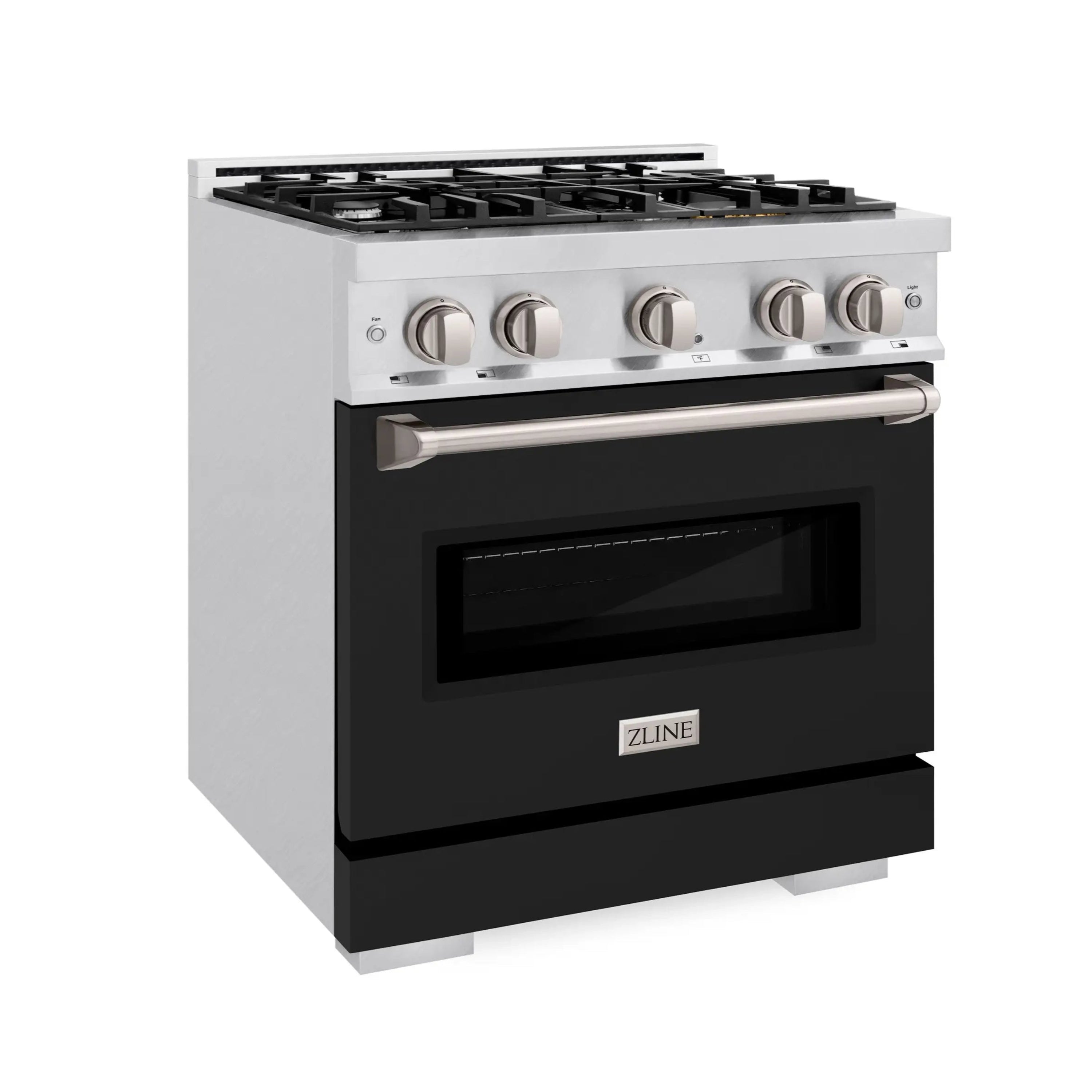 ZLINE satin stainless gas range with black oven door and side profile