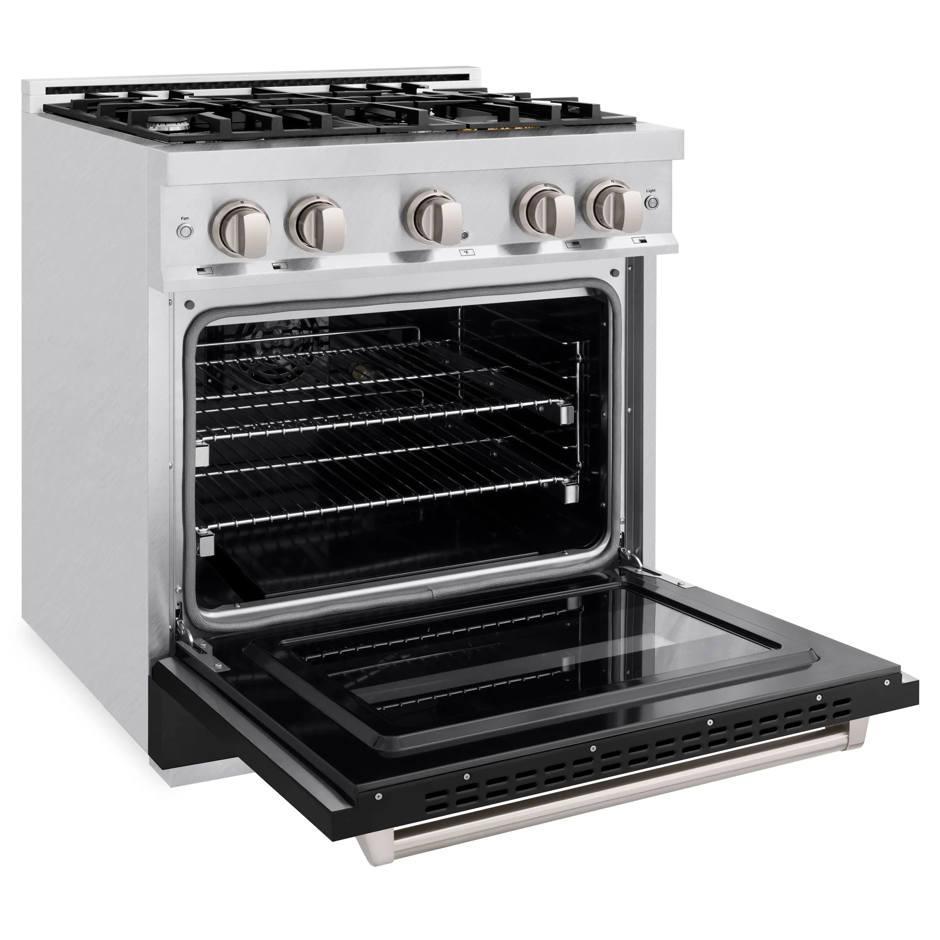 ZLINE satin stainless gas range with open oven door, black oven cavity, racks