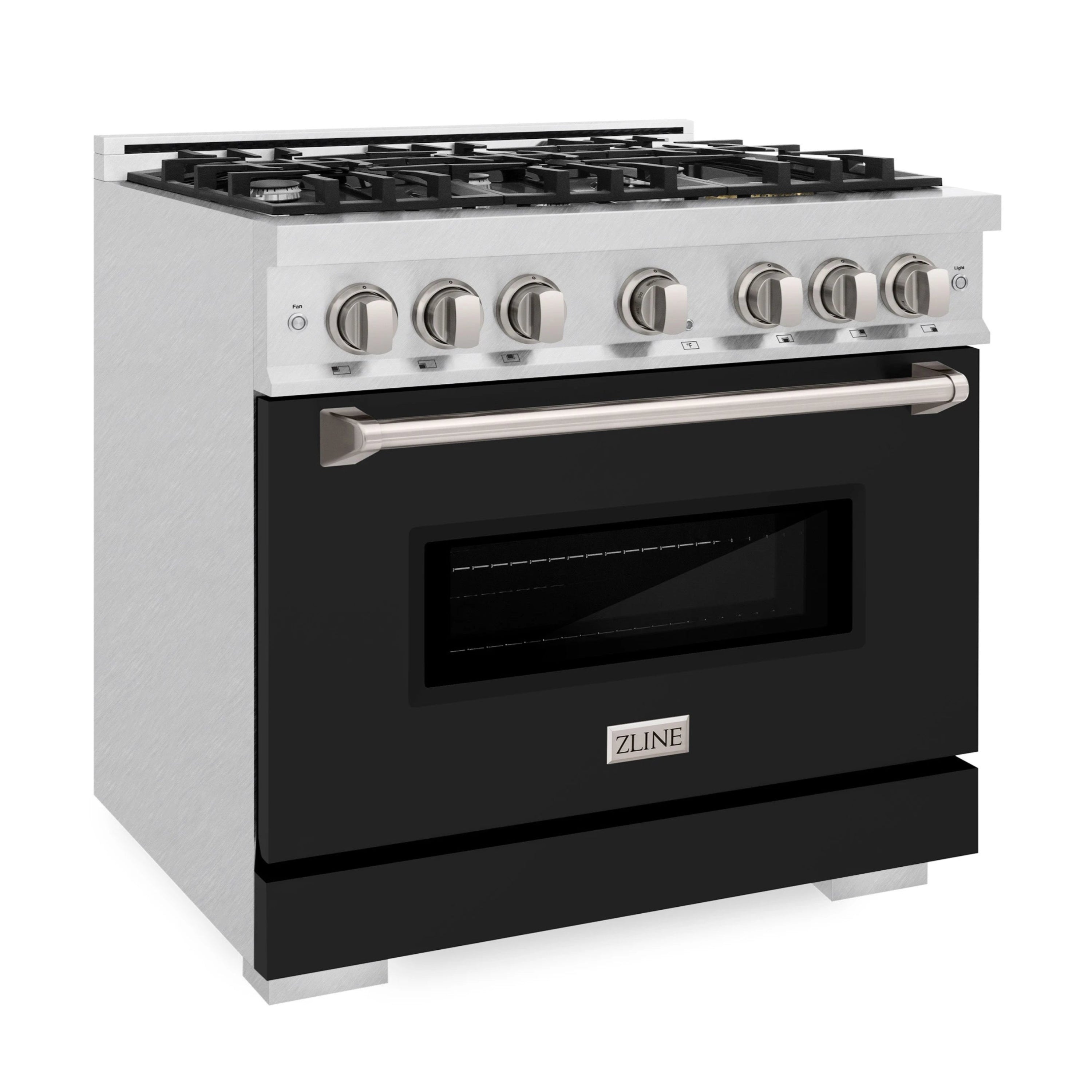 ZLINE gas range front view with stainless top, black matte door window, and knobs