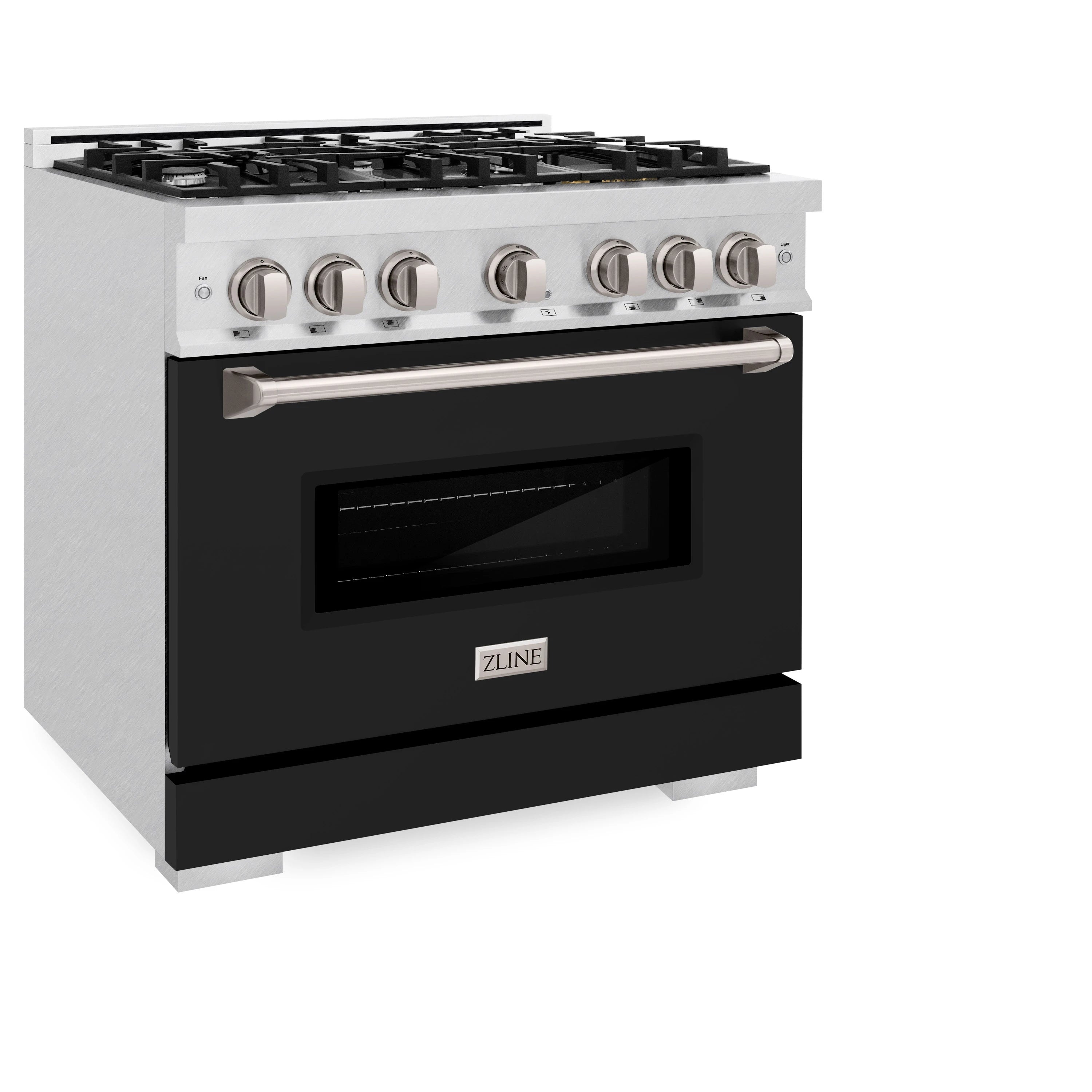 ZLINE gas range with black matte oven door, stainless control knobs, and burner grates