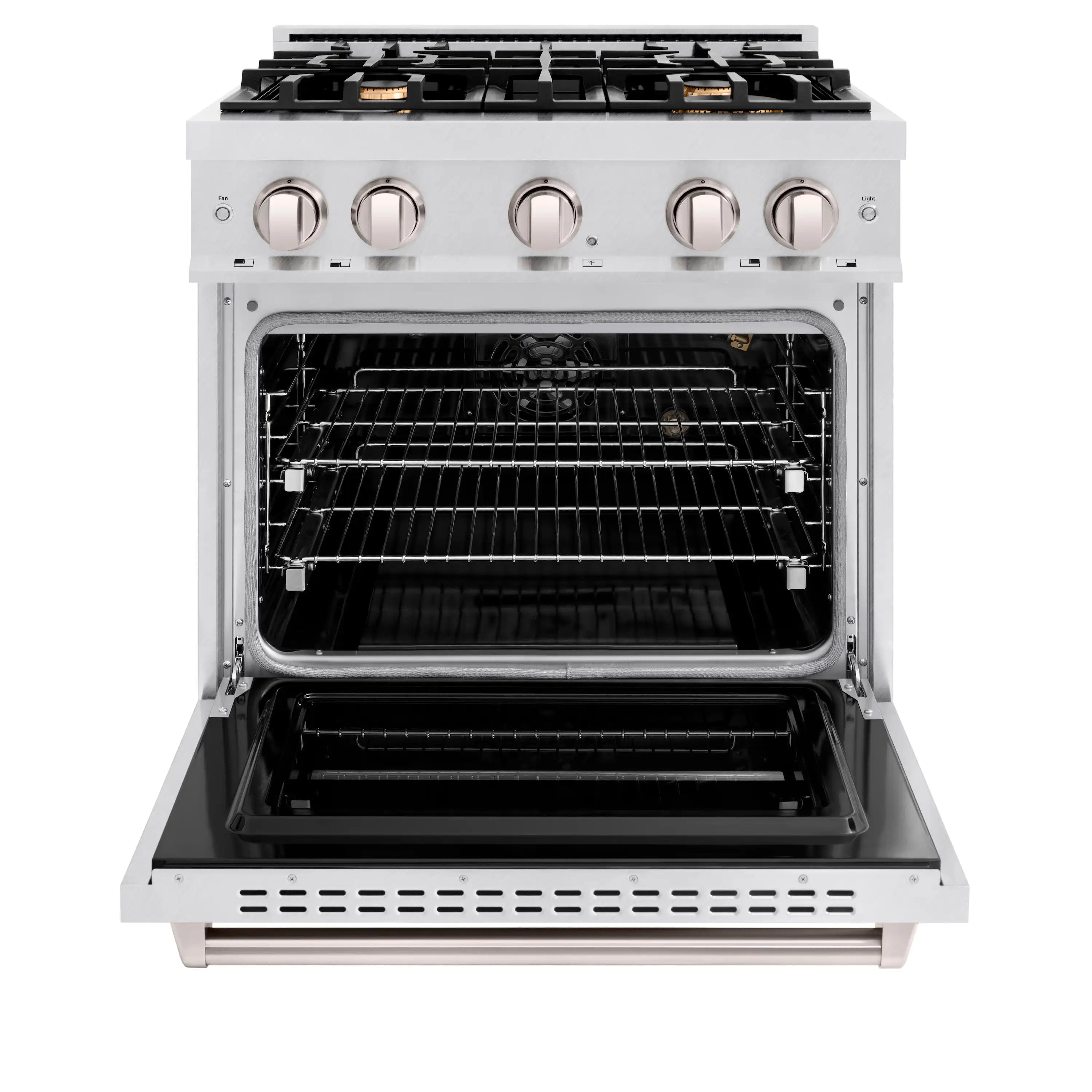 Stainless gas convection oven with open door and racks inside