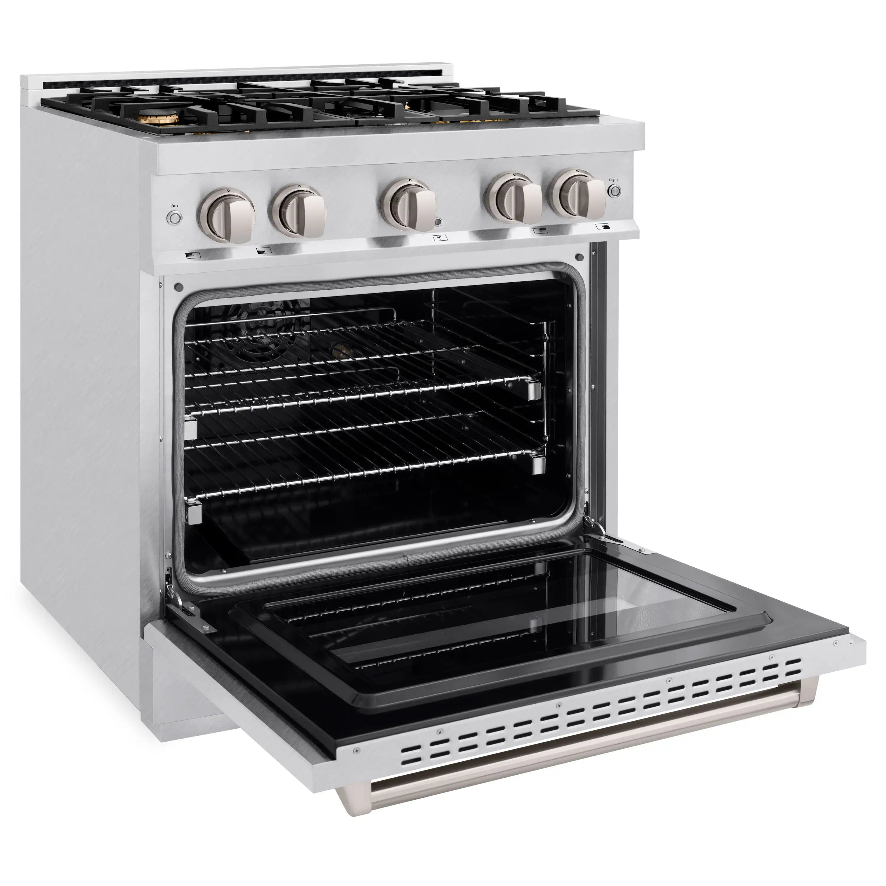 Stainless gas convection range with oven door open and wire rack visible