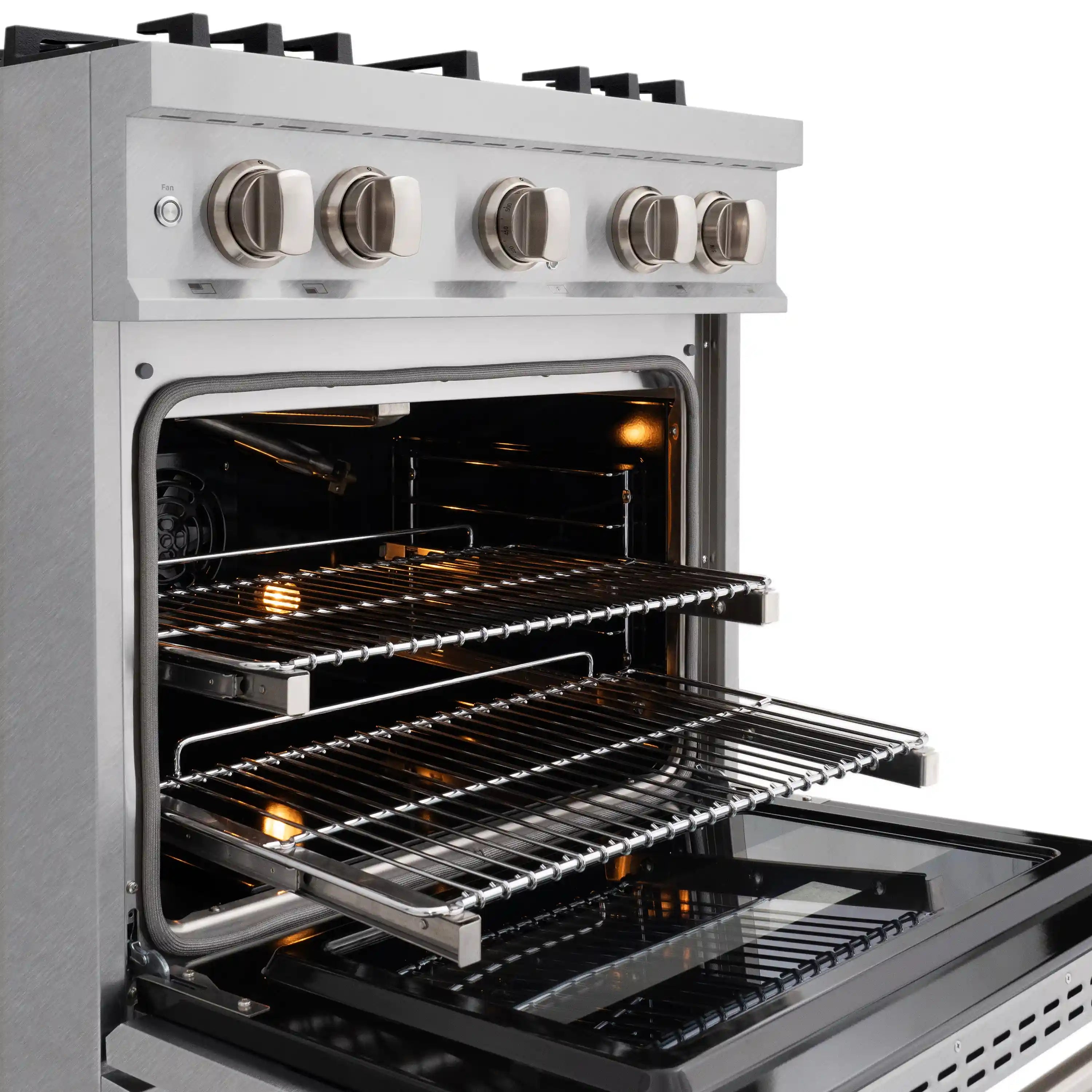 Stainless oven interior with glowing bake element and broil area visible