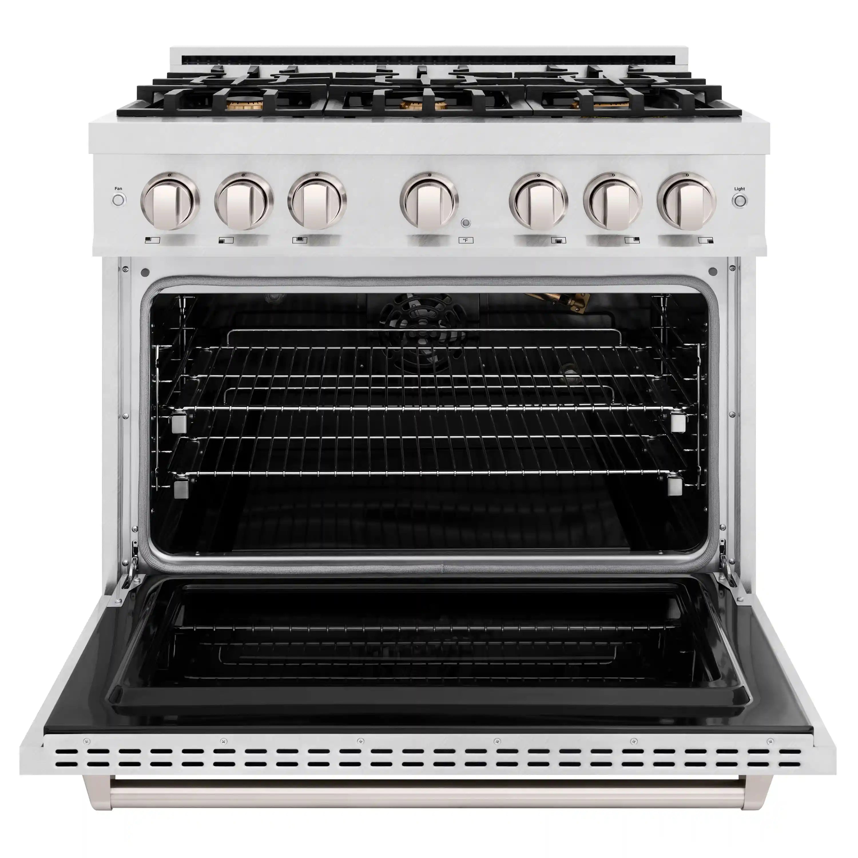 Gas oven door open showing convection racks and interior heating elements
