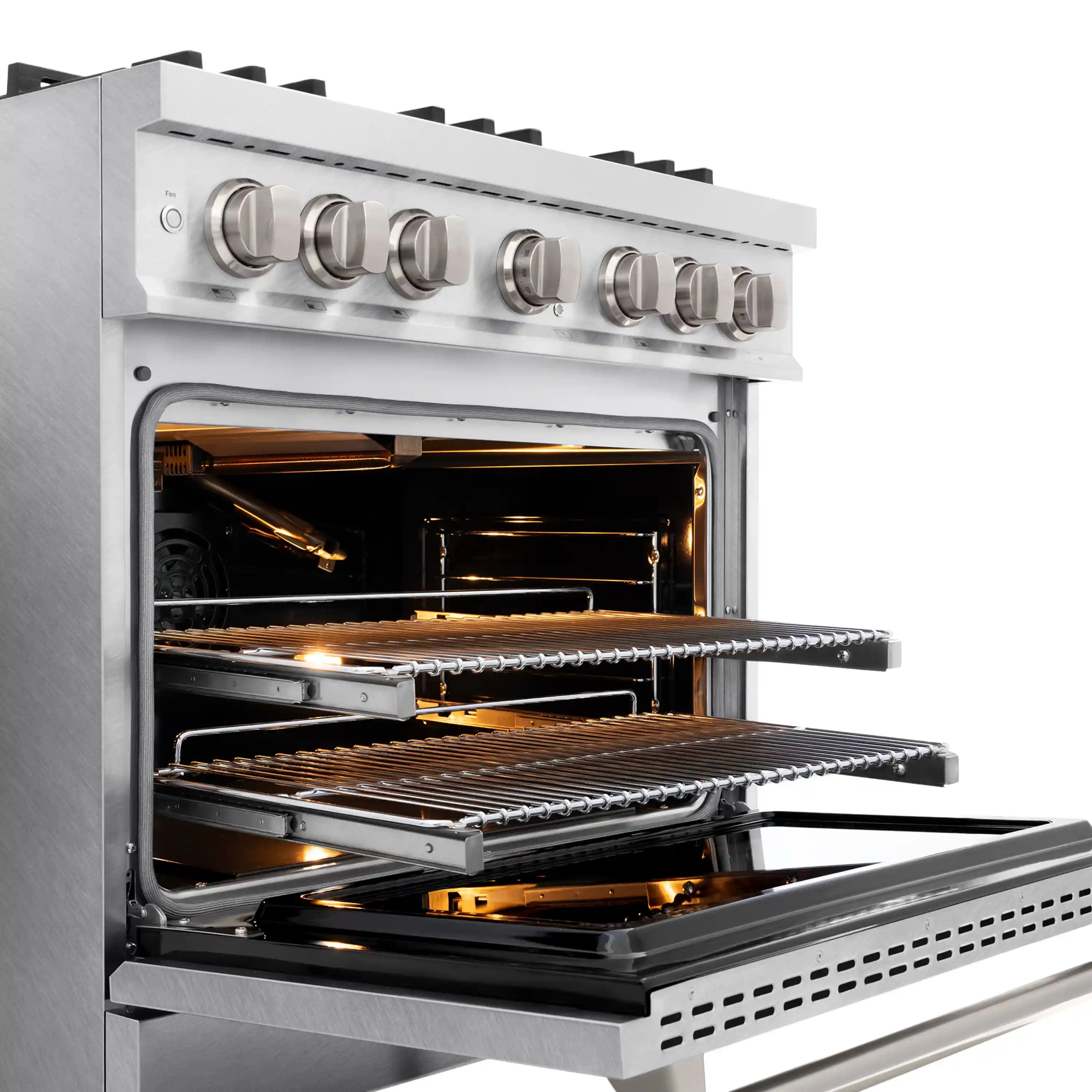 Convection oven with racks pulled out and burner flames visible through window