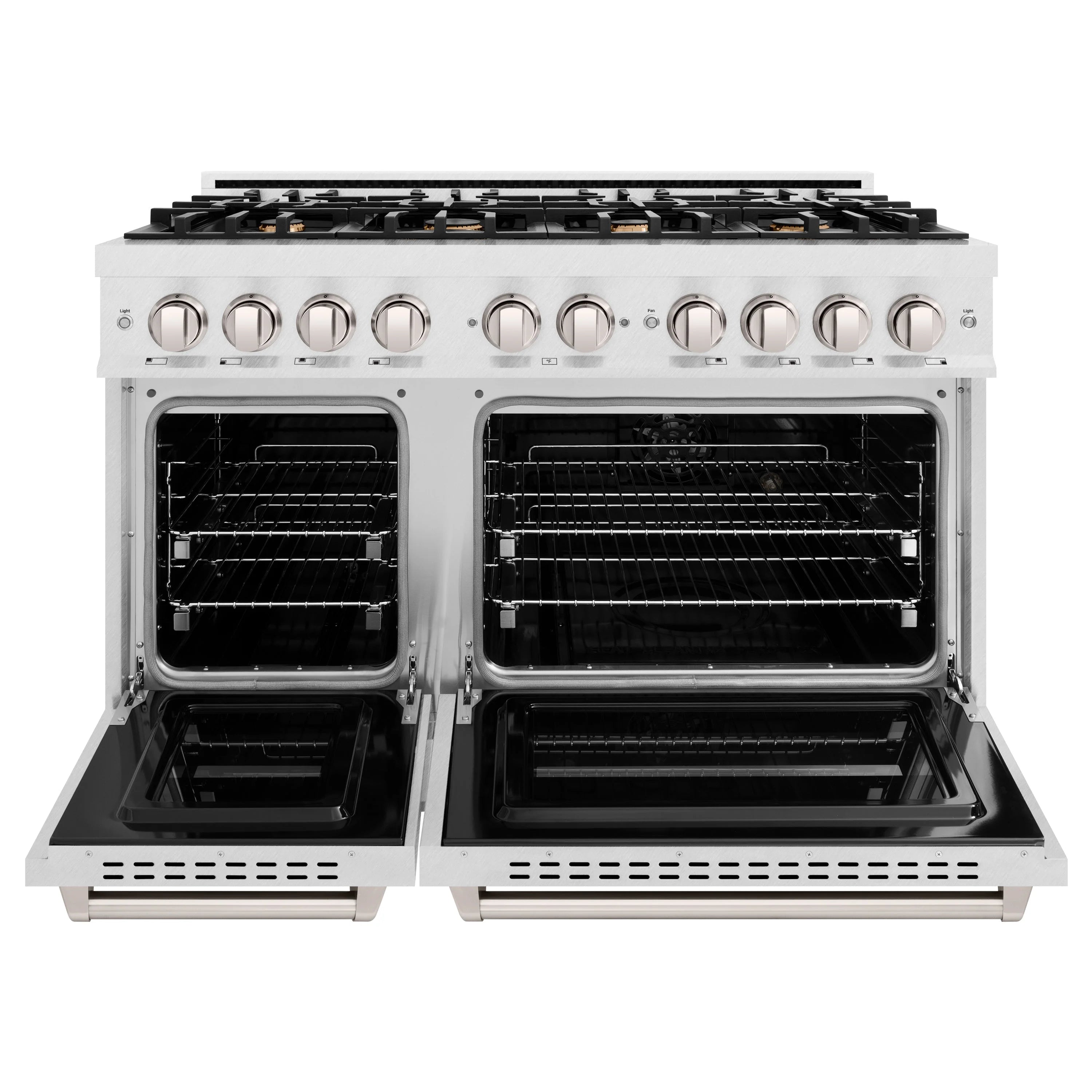 Stainless gas range with 8-burner cooktop and two open oven doors
