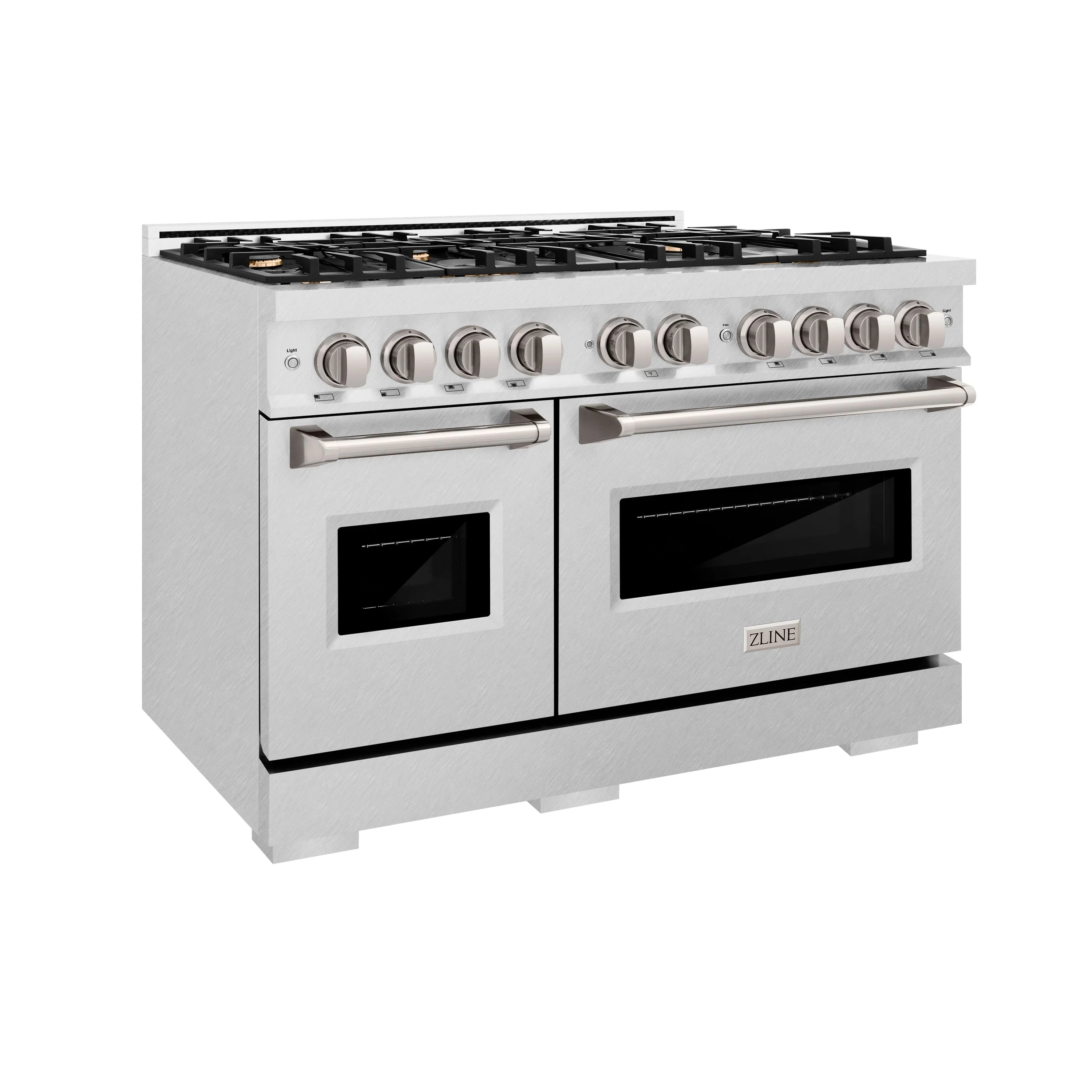 Stainless gas range with 8-burner cooktop and control knobs on front