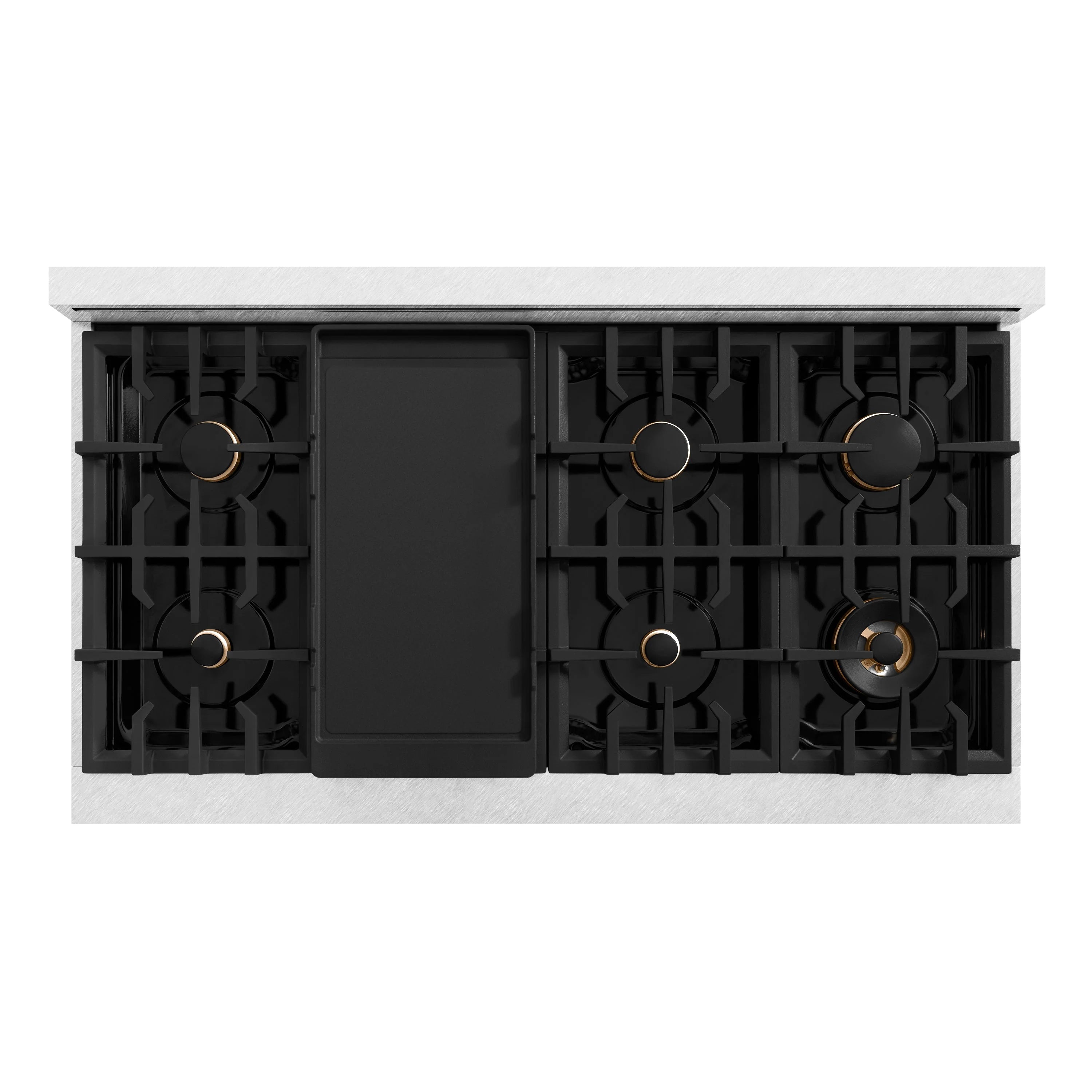 Gas range cooktop with black grates and brass-accent burner caps