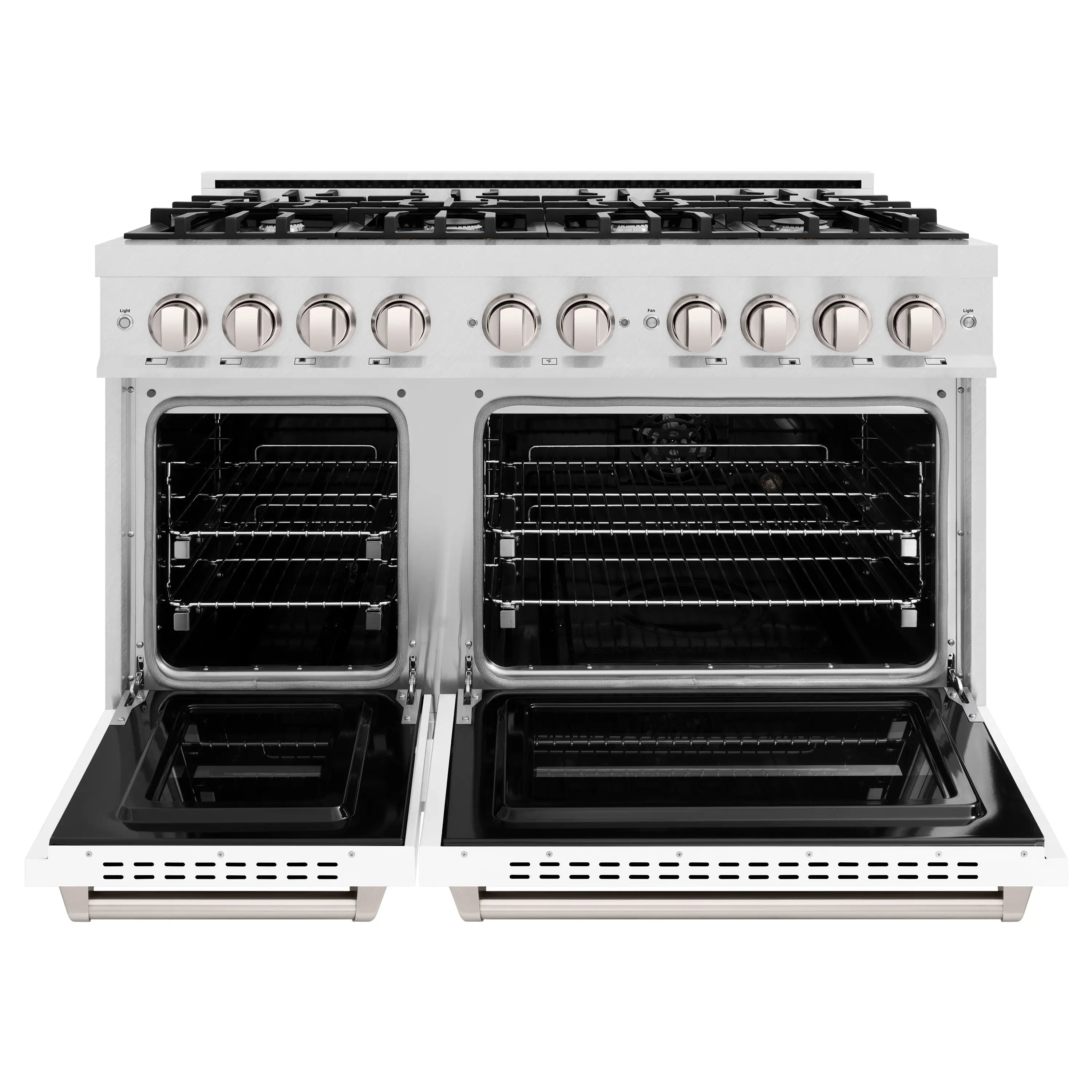 Gas convection oven with two open stainless doors and black interior racks