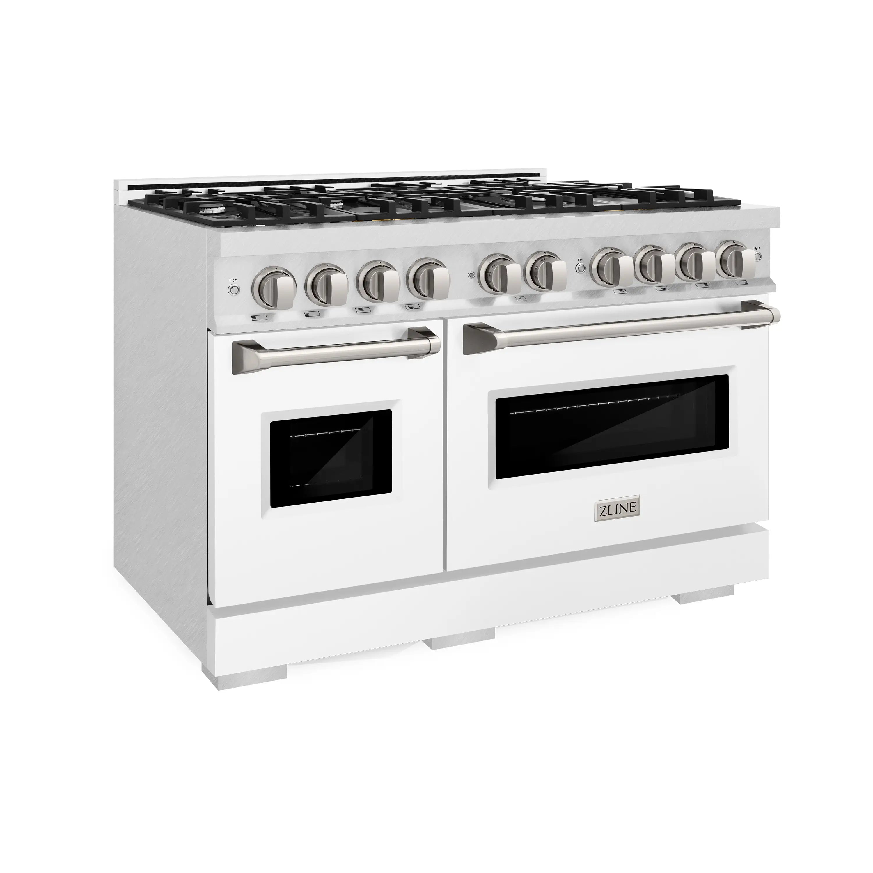 Gas range with 8-burner cooktop, satin stainless knobs, and matte white oven doors