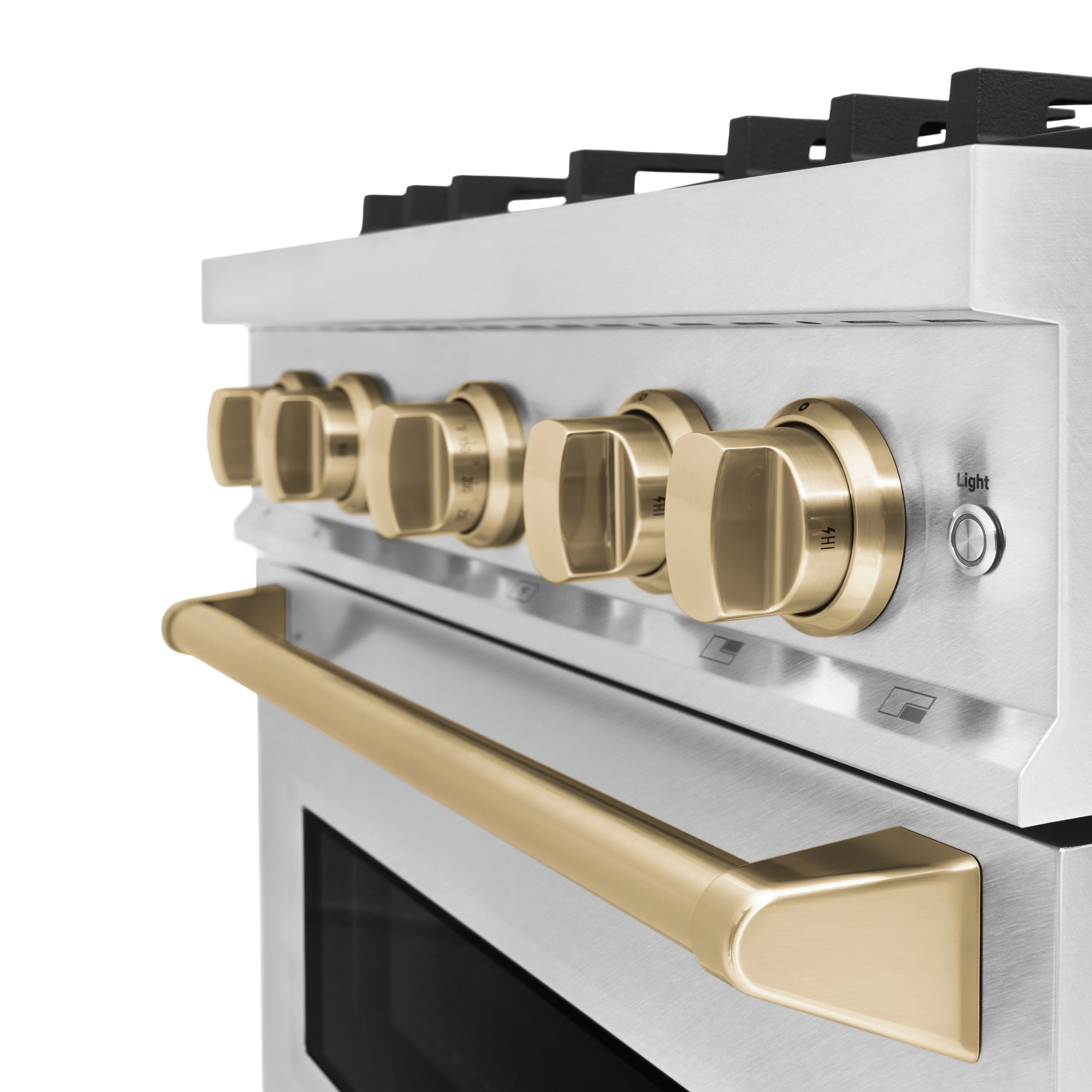 Stainless steel control panel with champagne bronze knobs and oven handle