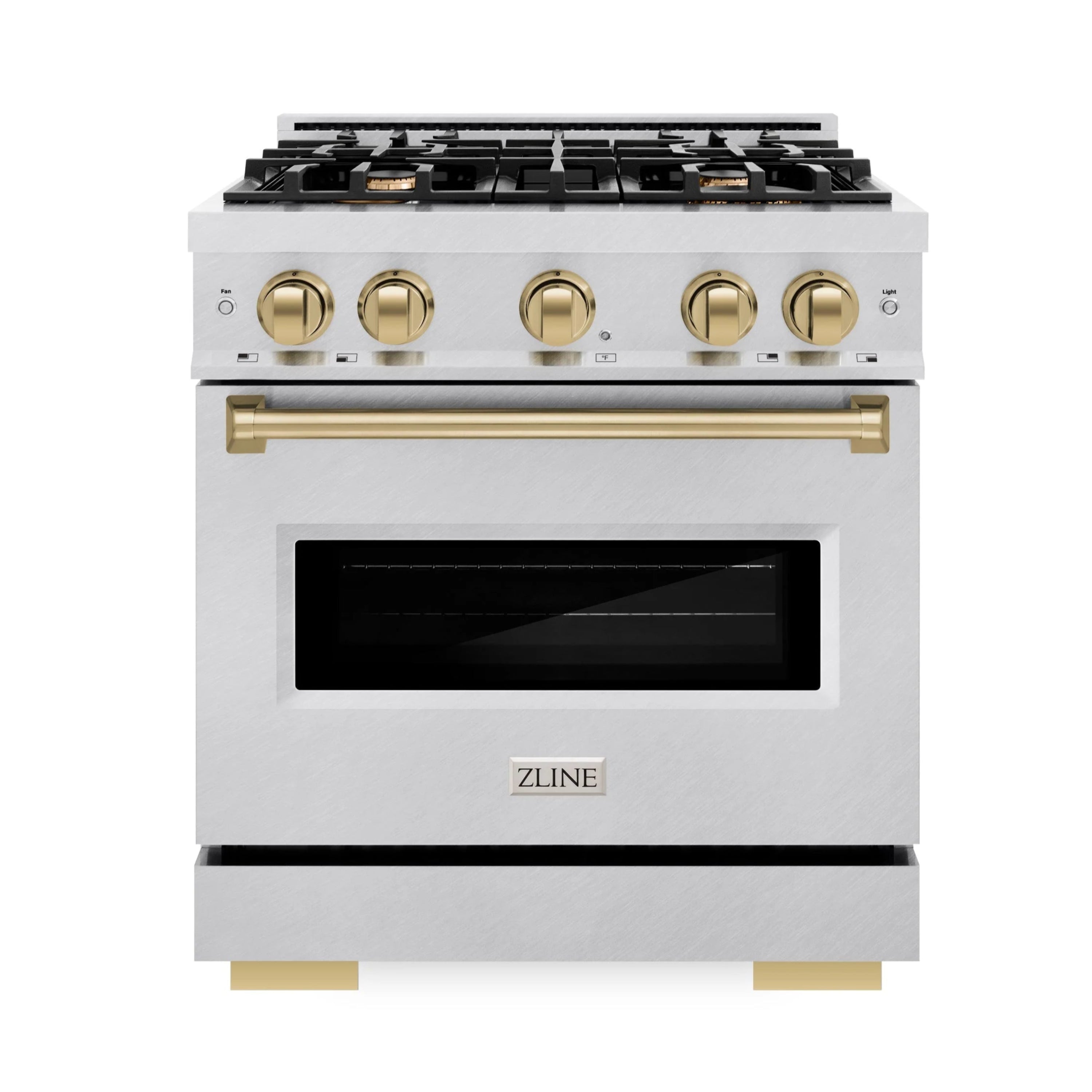 Stainless steel gas range with four burners, champagne bronze knobs, closed oven door