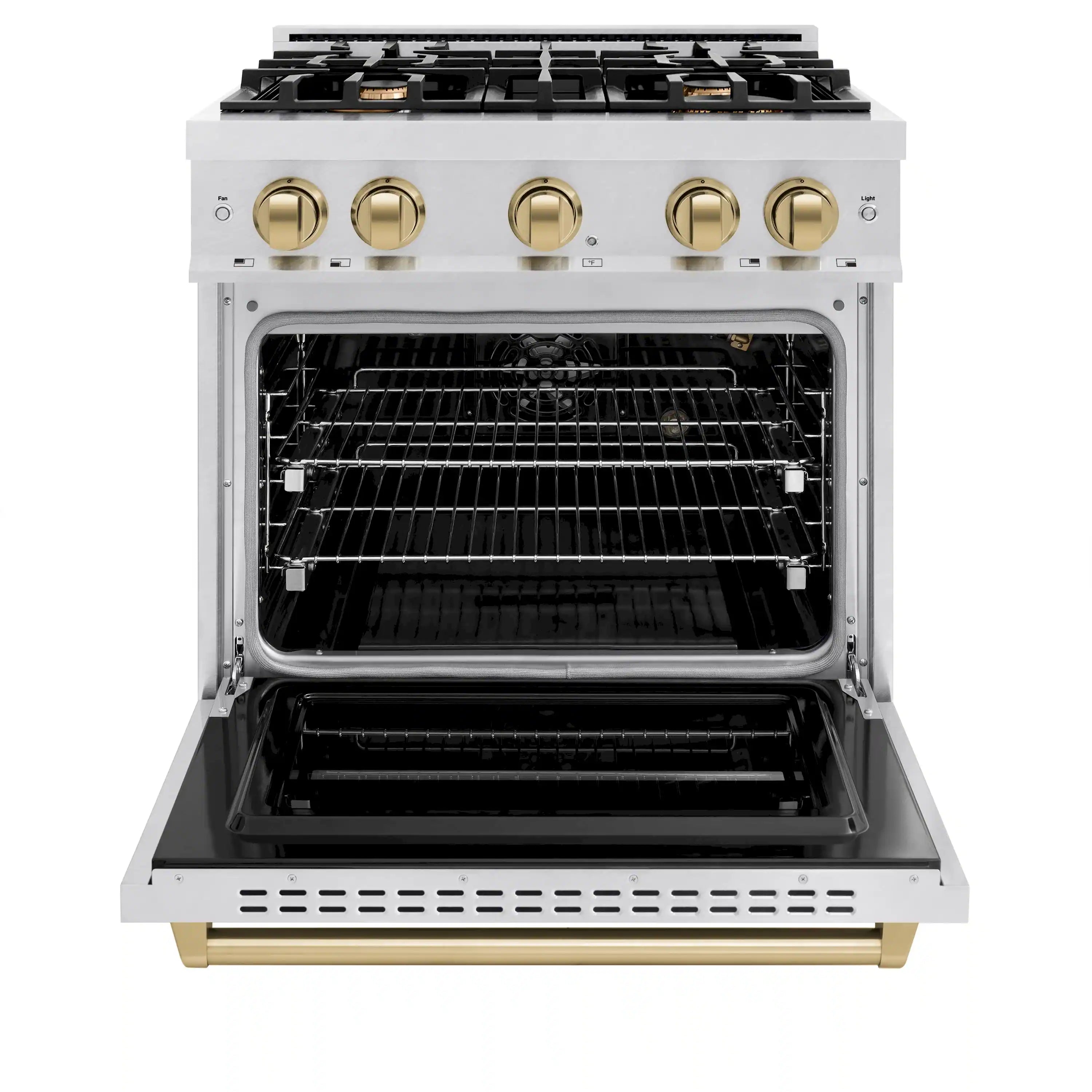 Gas oven door open with wire racks and stainless steel cavity, bronze controls