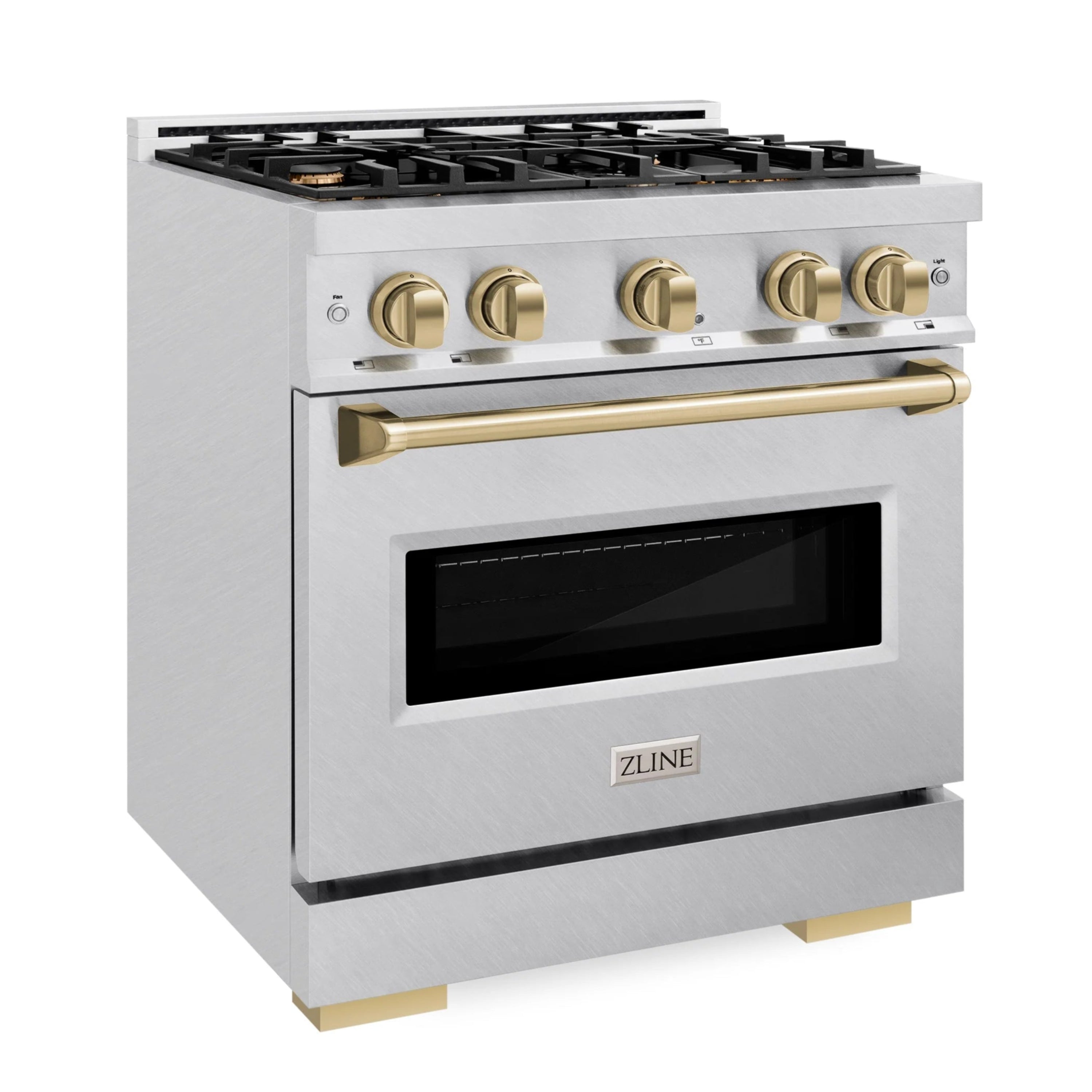 Stainless steel gas range with champagne bronze knobs and oven handle