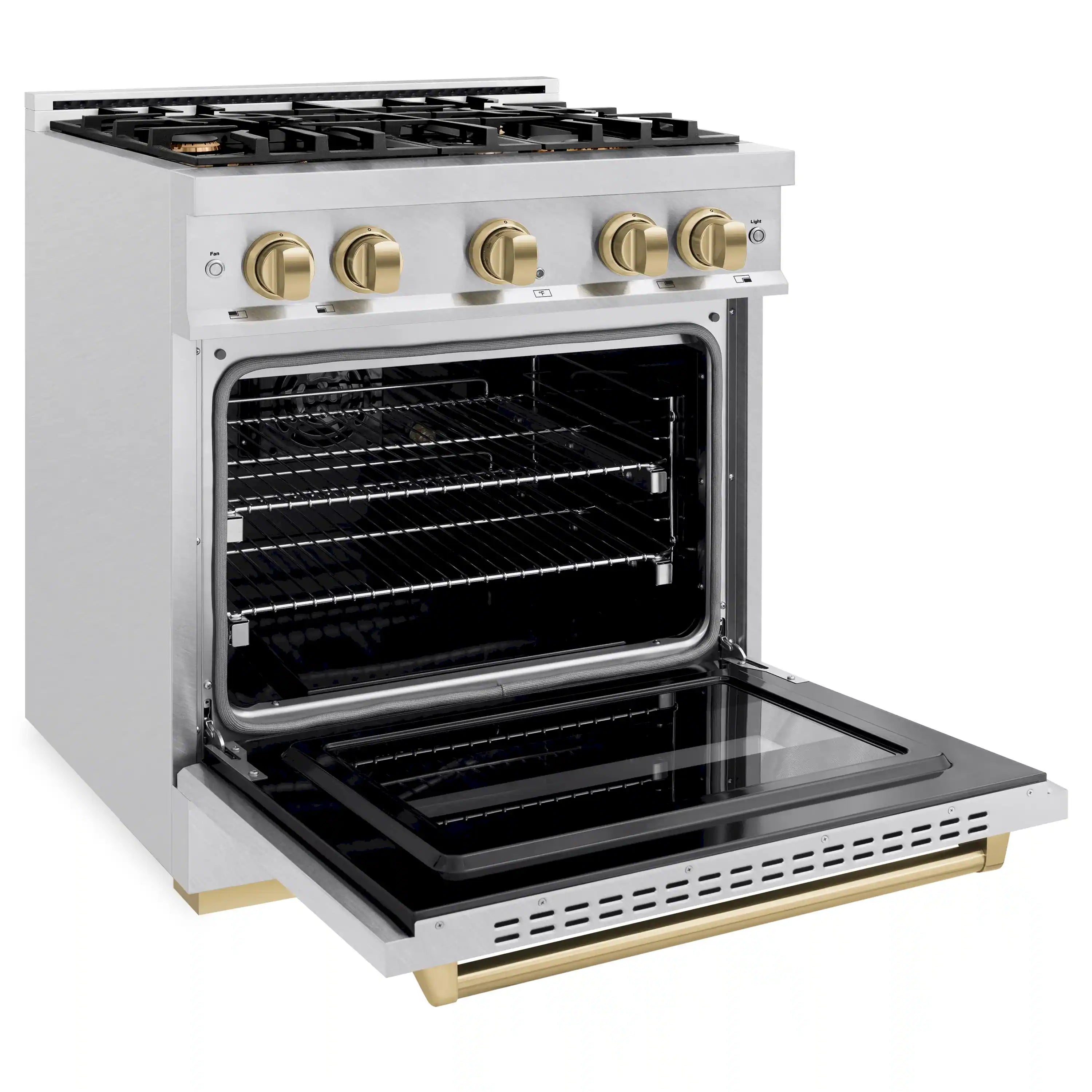 Gas convection oven with open door, black racks, and stainless interior