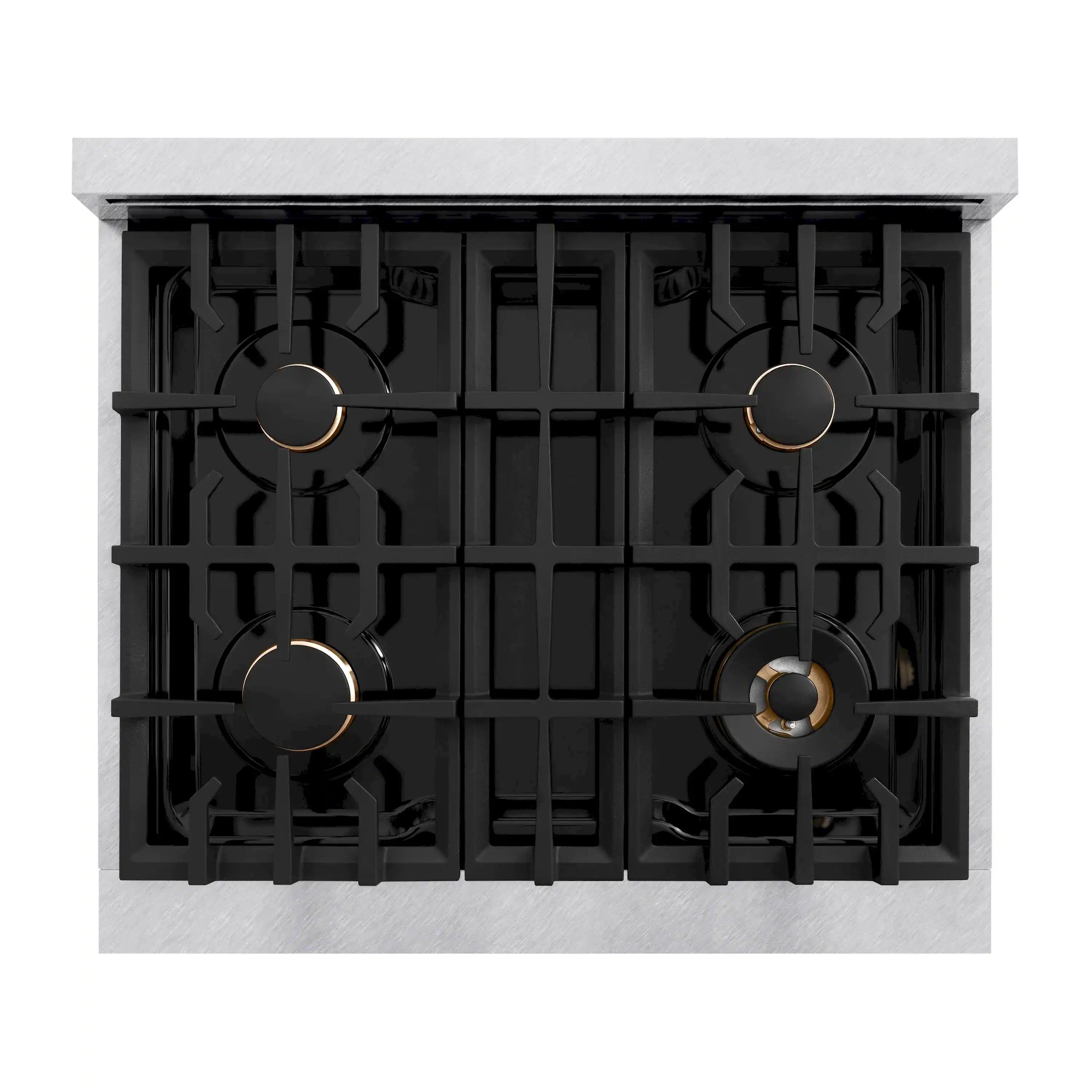 Stainless steel gas range cooktop with four burners and black grates