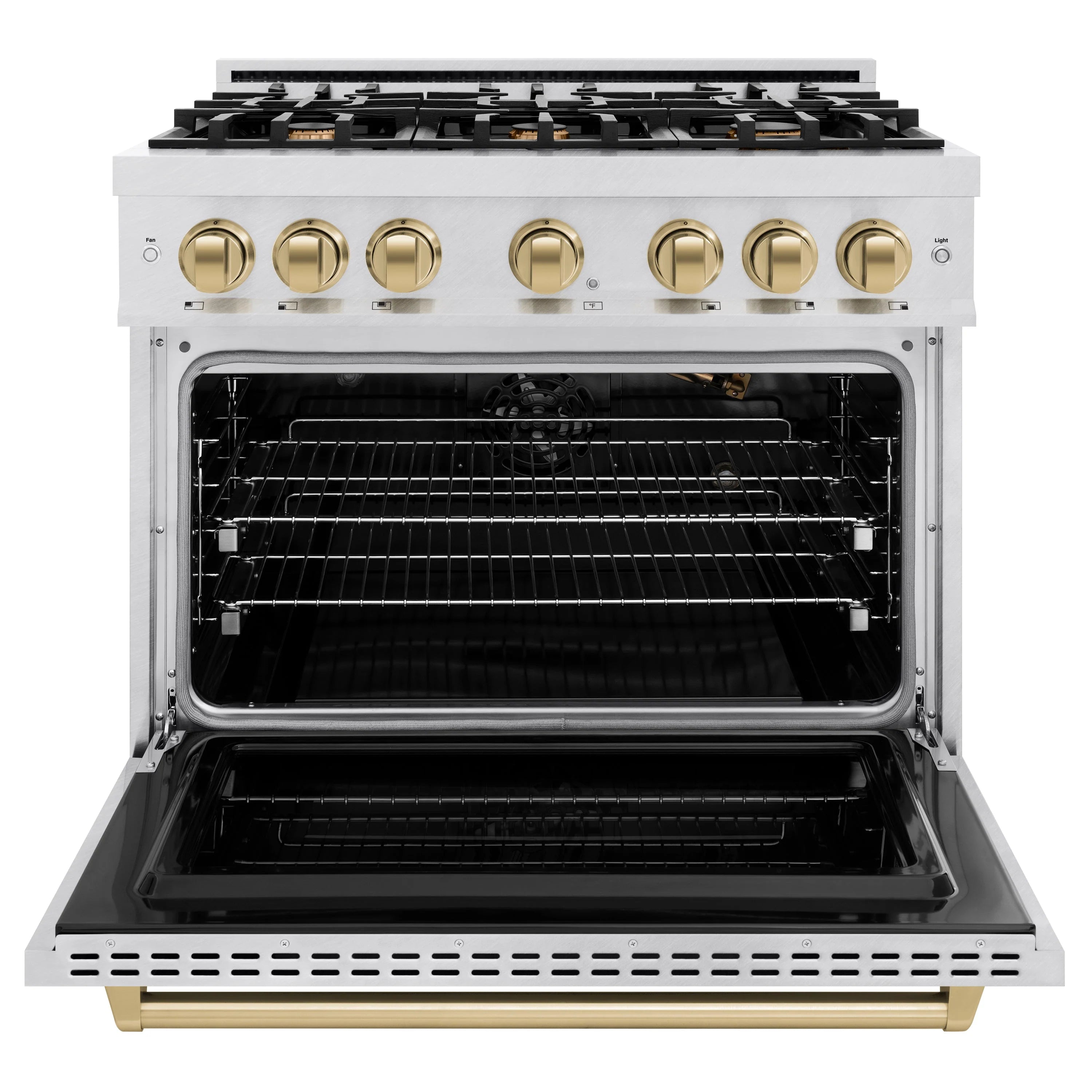 Stainless steel gas convection oven with champagne bronze control knobs and open door