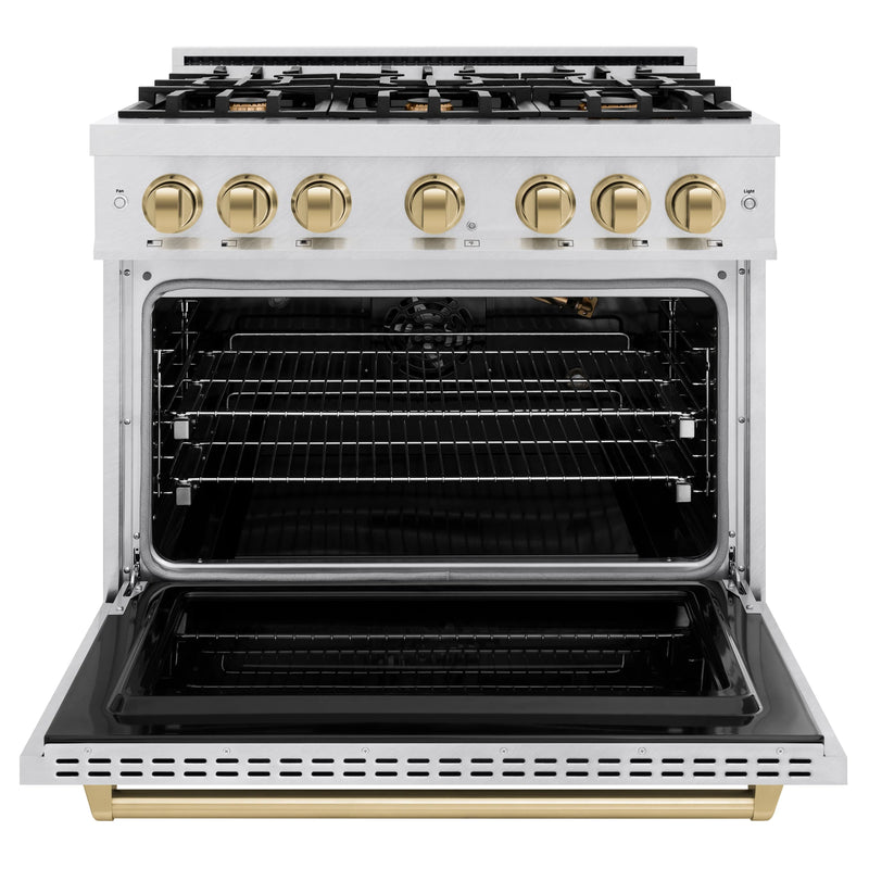 ZLINE Autograph Edition 36-Inch Classic Series Gas Range with 6 Gas Burner Cooktop and 5.2 Cu. Ft. Gas Convection Oven in DuraSnow Stainless Steel with Champagne Bronze (CGRSZ-36-CB)