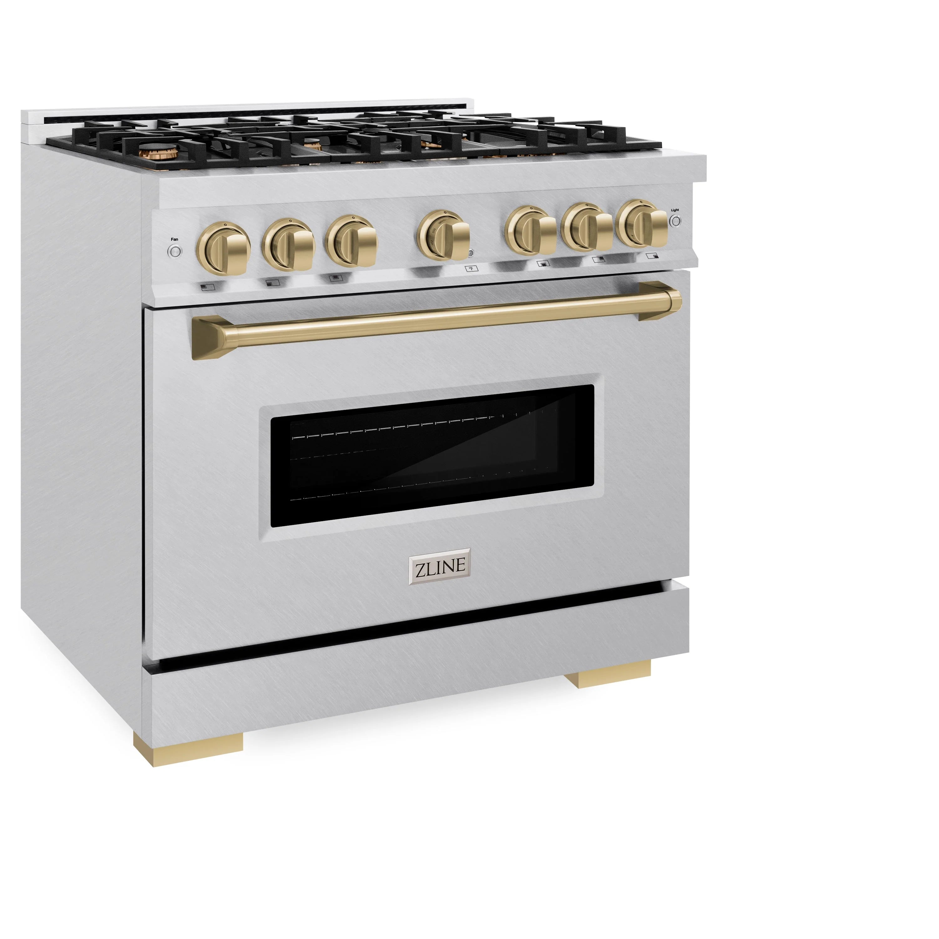 Stainless steel gas range with champagne bronze oven door handle and control knobs