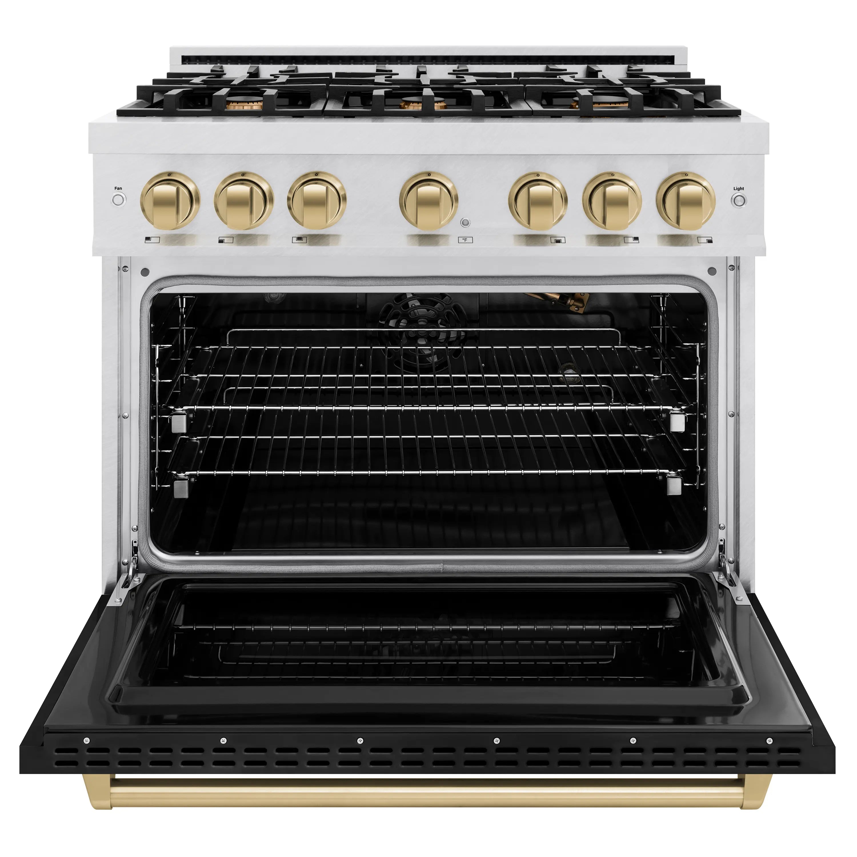 Stainless gas range with six burners and open convection oven, showing bronze knobs