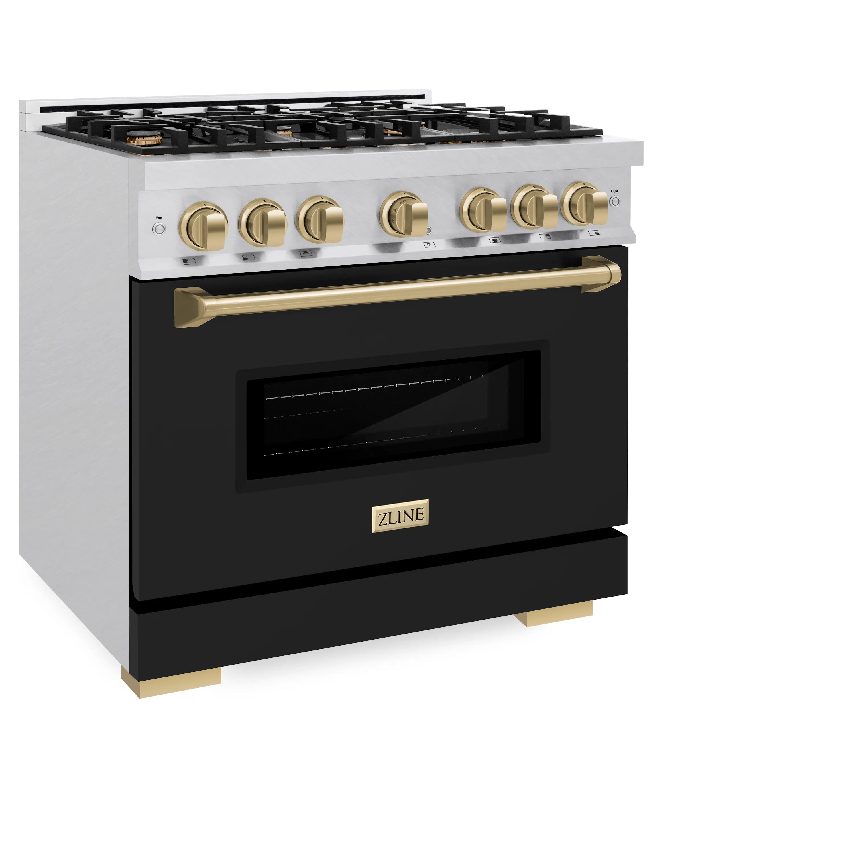 Gas range front with closed black oven door and satin stainless steel trim, bronze handle
