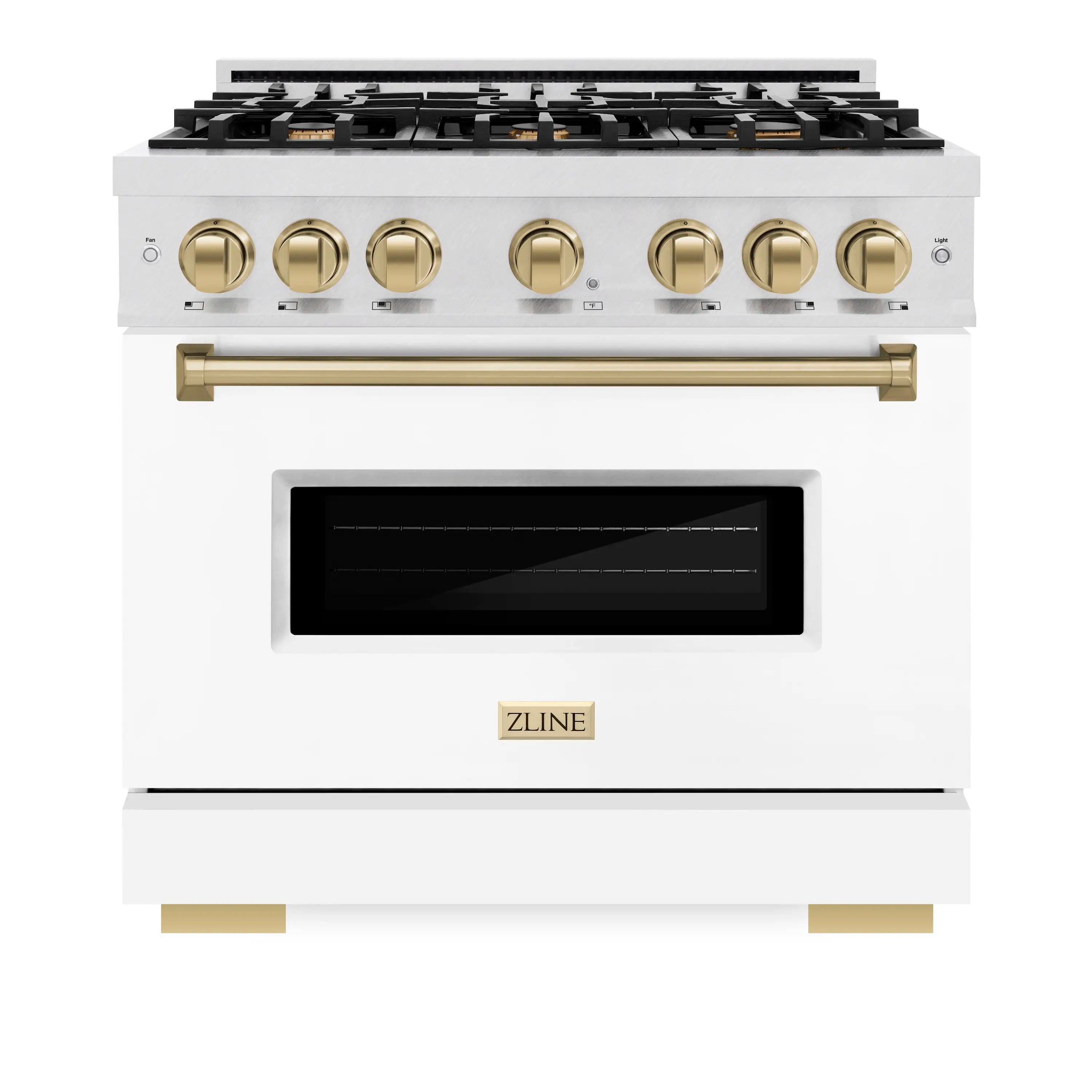 White freestanding gas range with gold control knobs, gold handle, and oven window