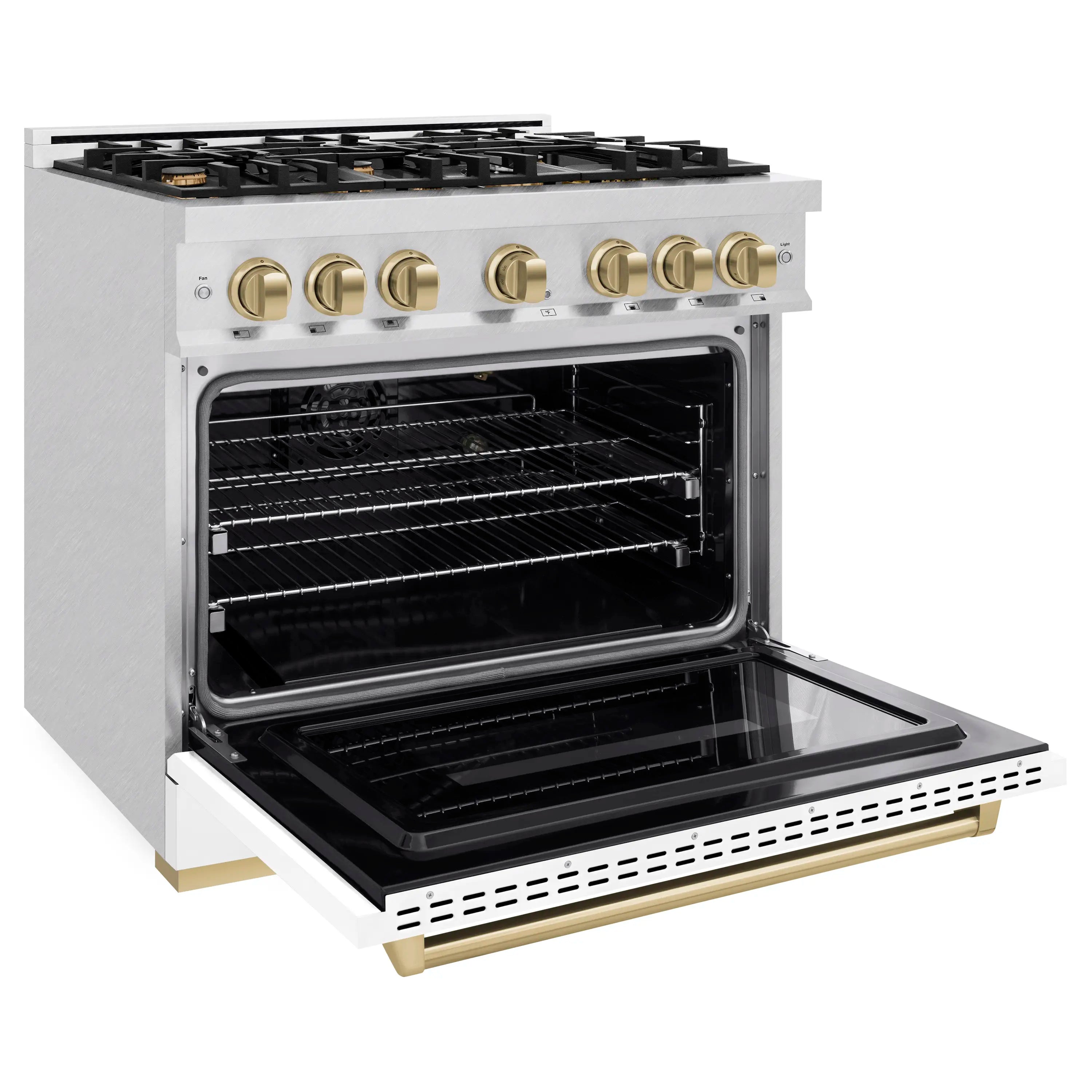 White freestanding gas range with oven door open, black cook cavity and racks