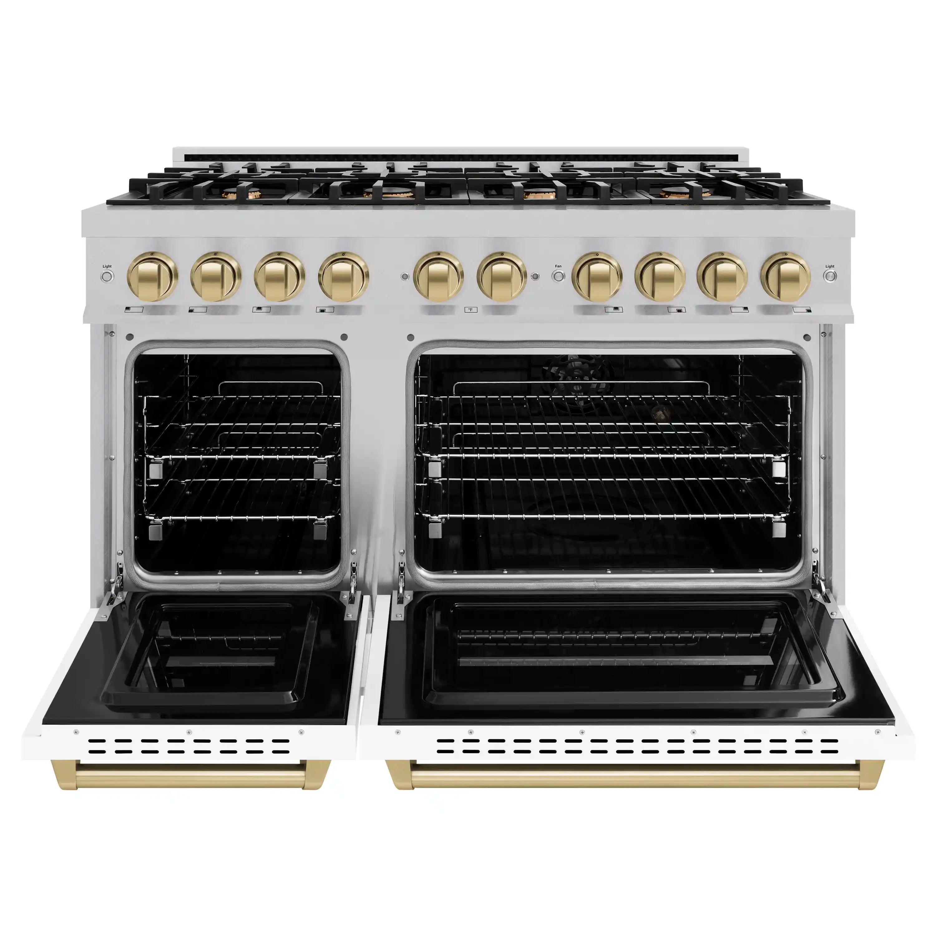 Satin stainless gas range with dual ovens, champagne bronze knobs, white matte doors