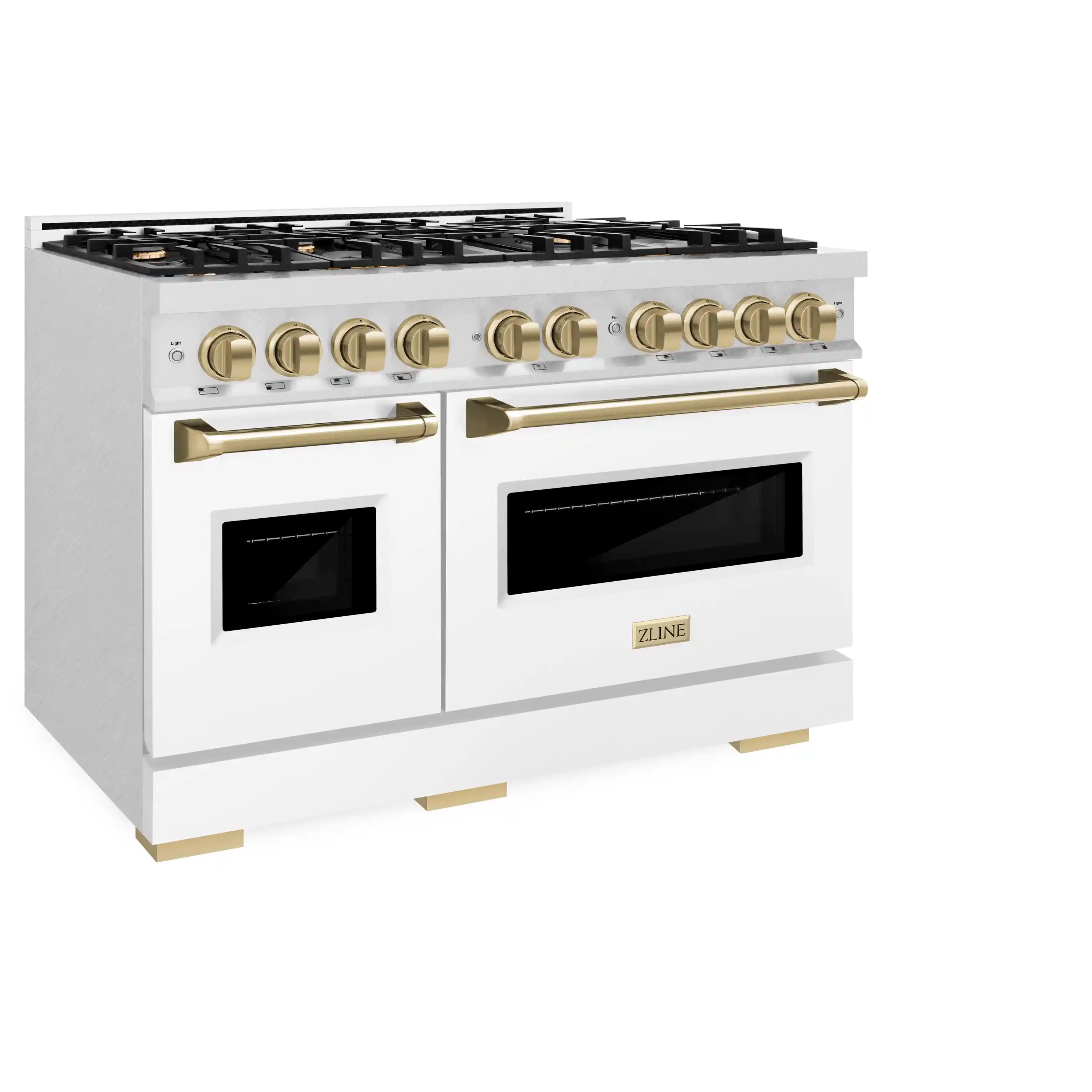 Gas range with satin stainless finish, white matte doors, and brass-toned knobs