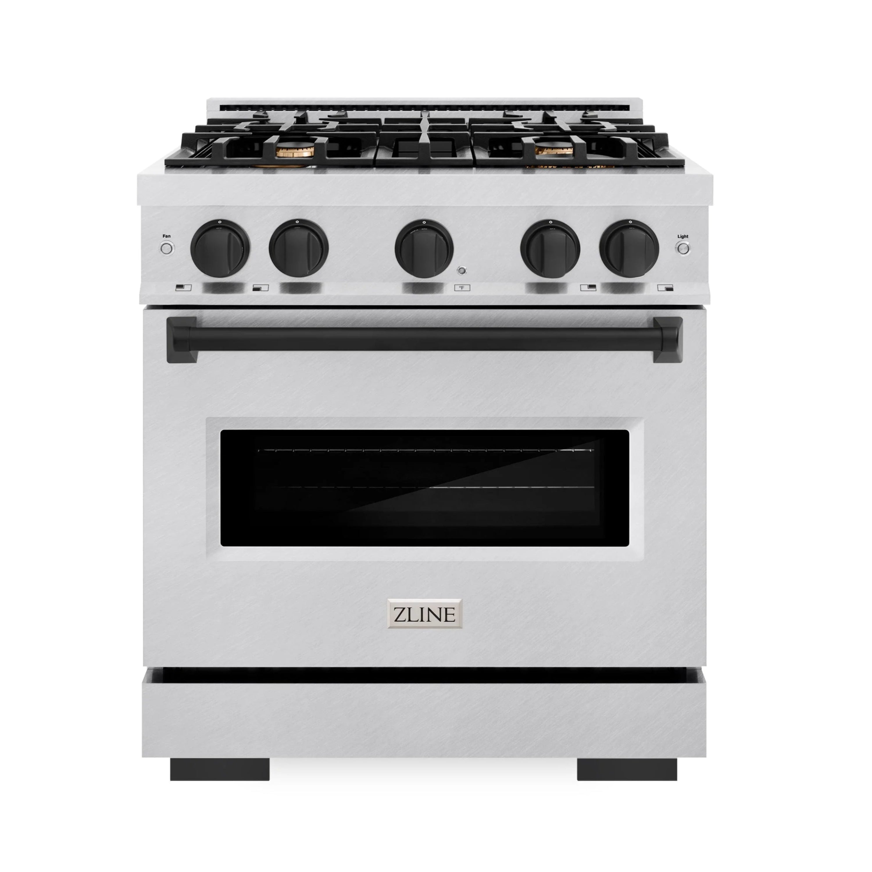 Stainless gas range with black cooktop grates, black control knobs, and oven door