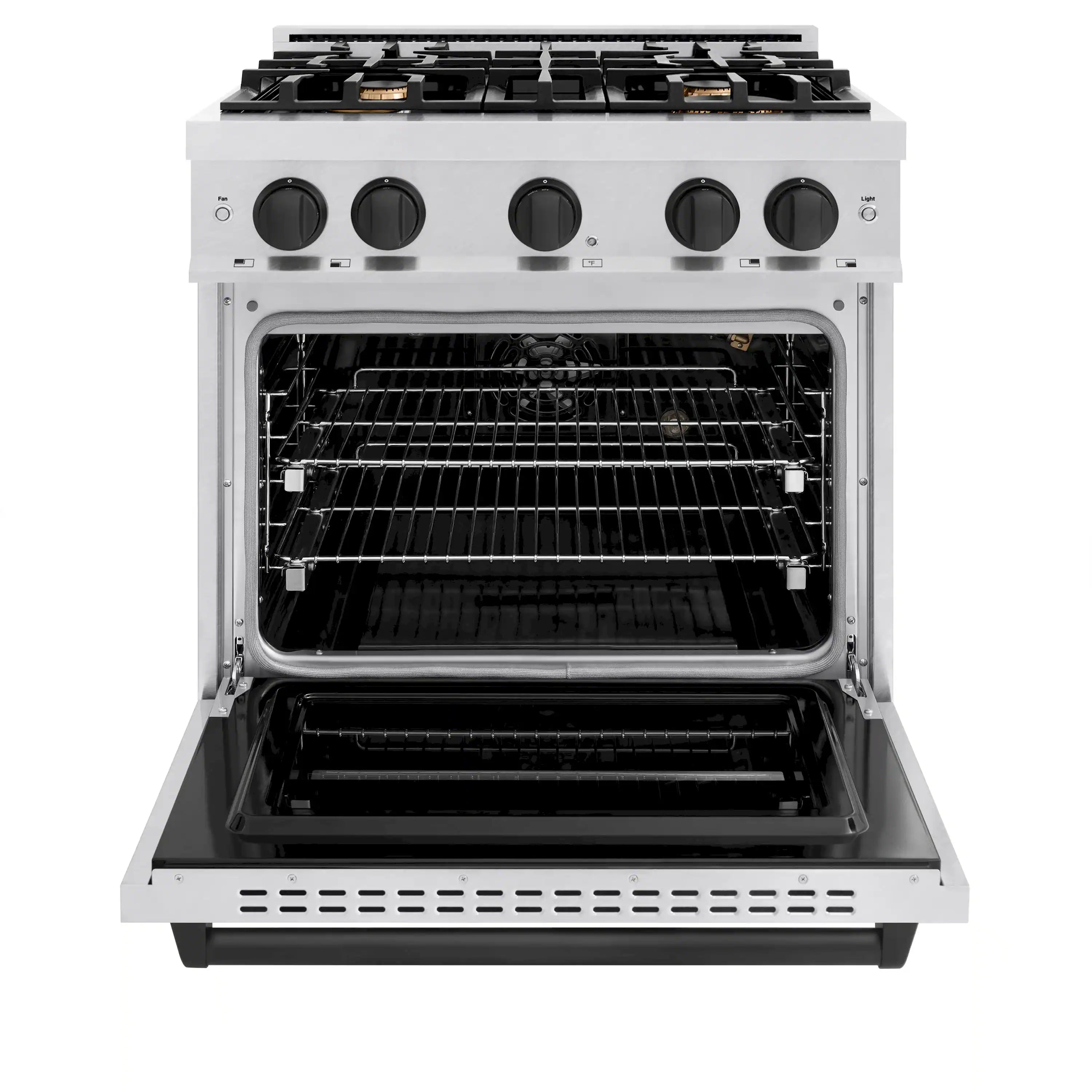 Stainless gas oven with open door showing black wire racks and interior