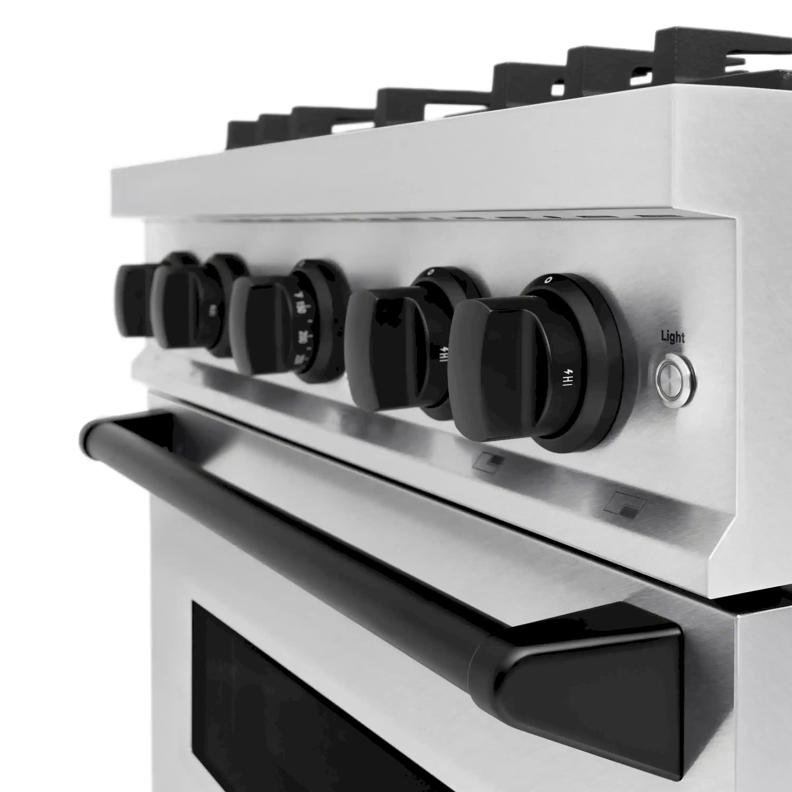 Stainless gas range control area with black knobs and long black oven handle