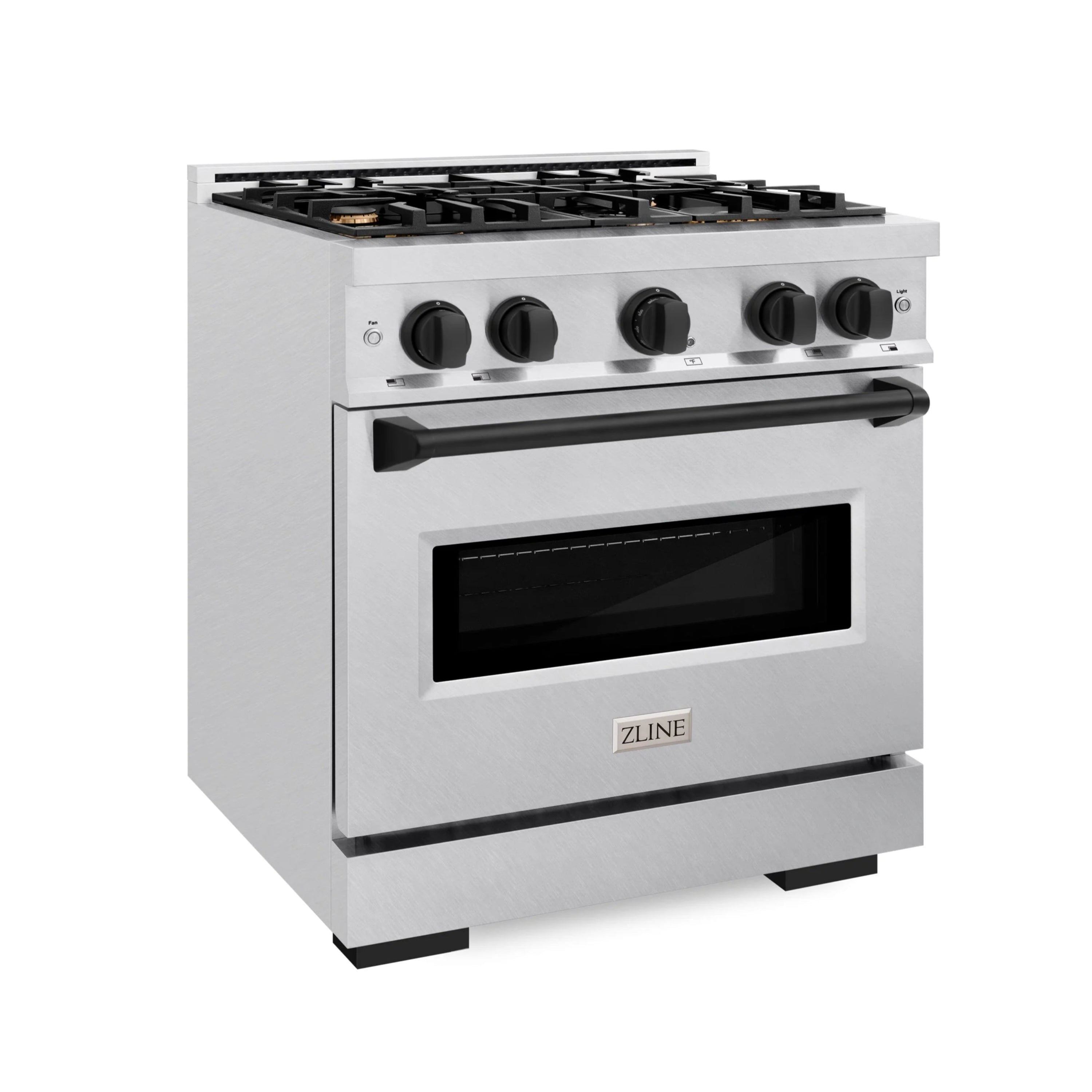 Stainless gas range with black oven window, black side handle, and cooktop grates