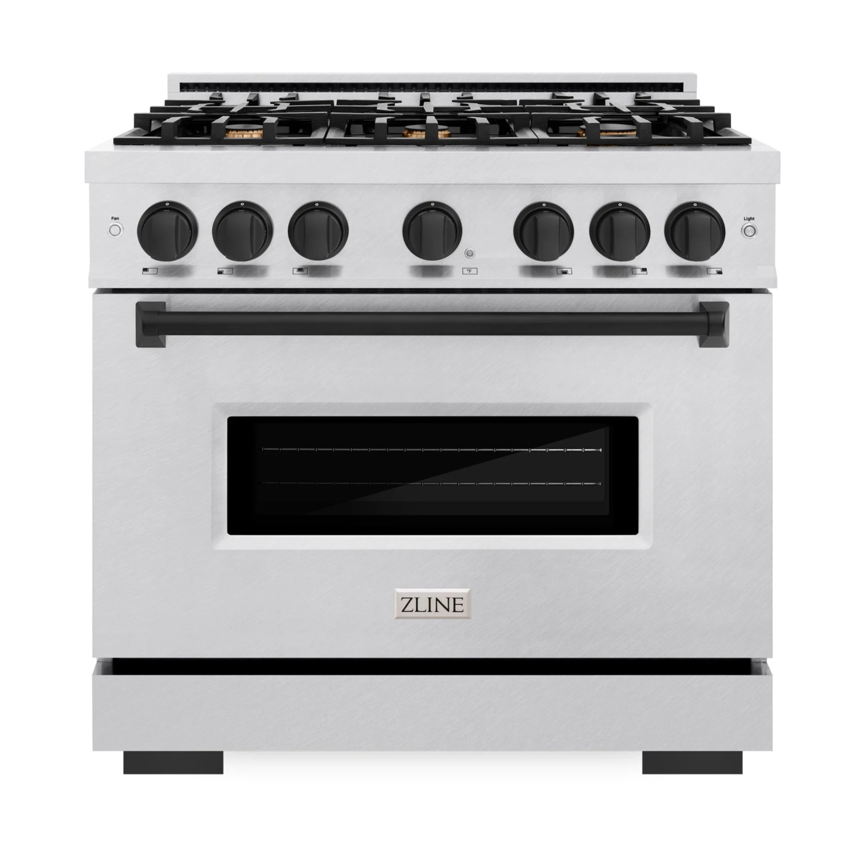 Freestanding gas range front with black control knobs and oven window on stainless steel