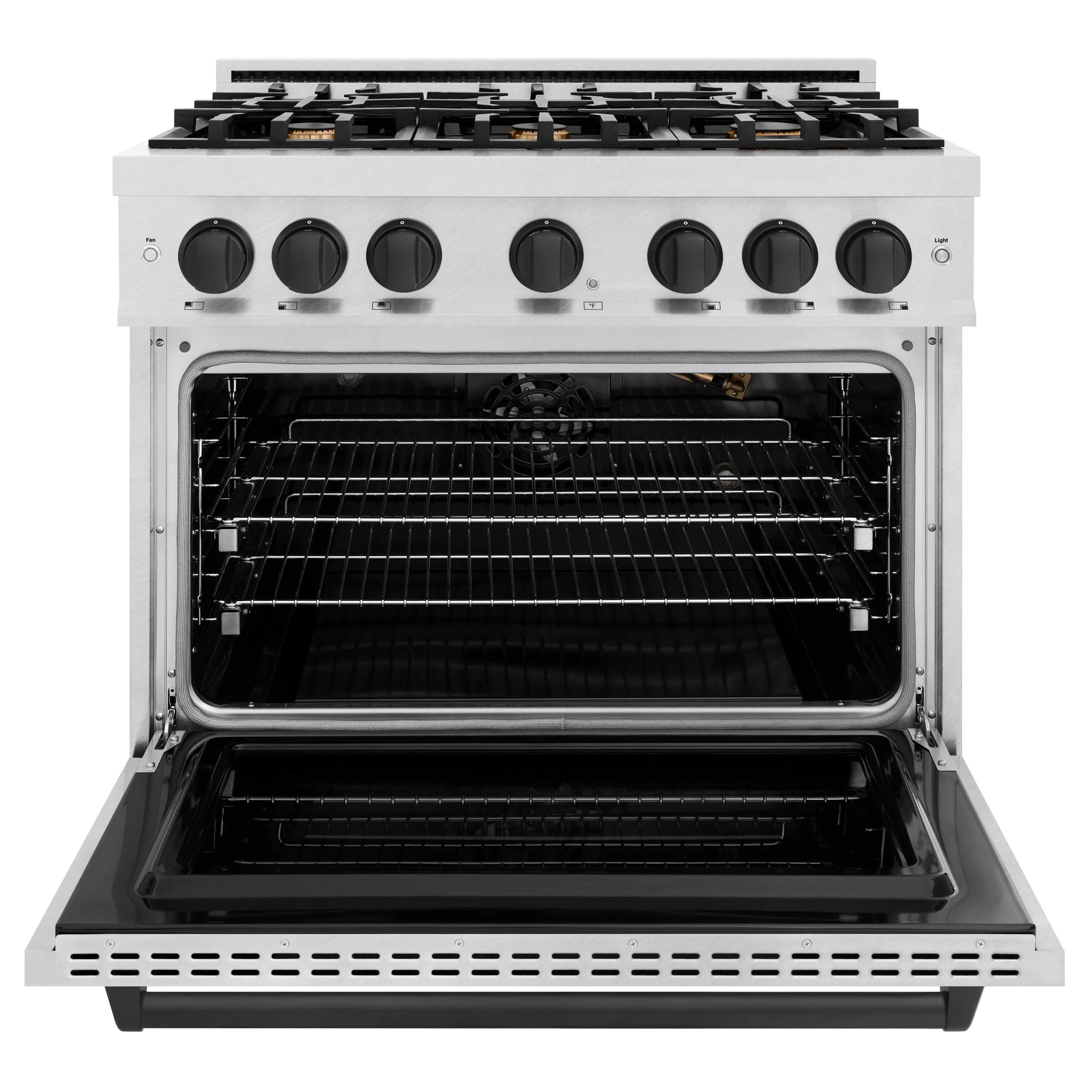 Freestanding gas range with open oven cavity, racks and black interior