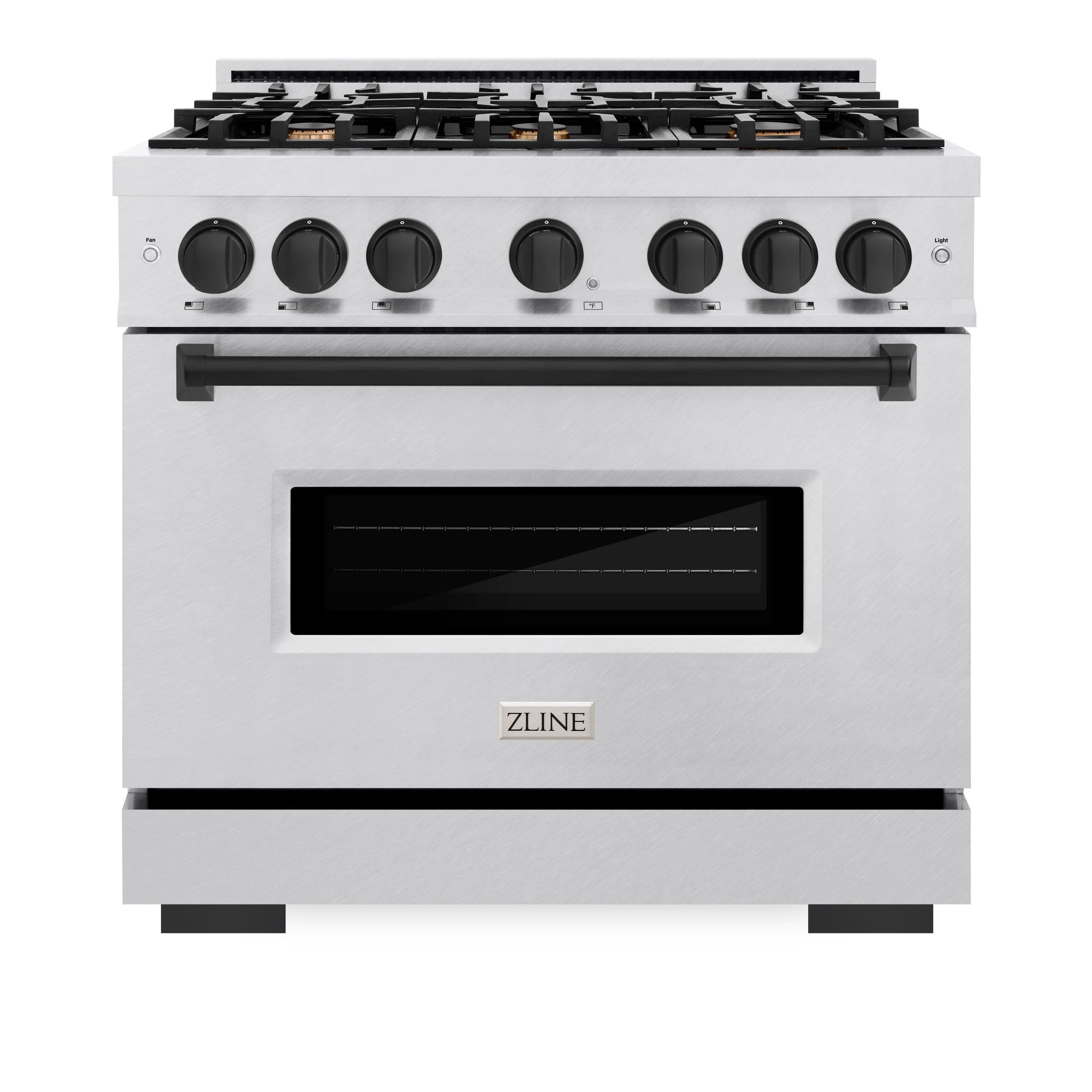 Satin stainless gas range with matte black control knobs and oven door window