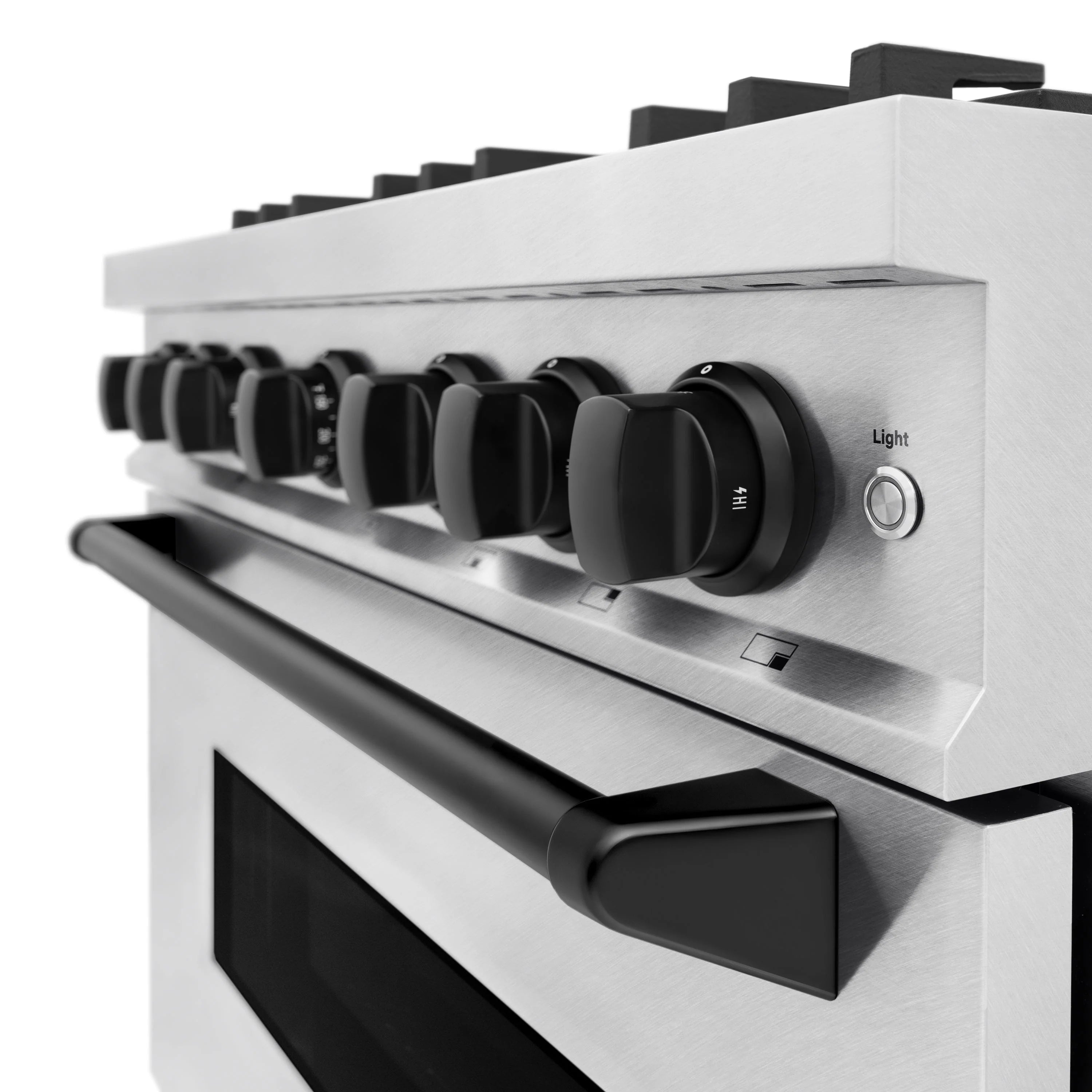 Gas range control panel with black knob cluster and satin stainless handle