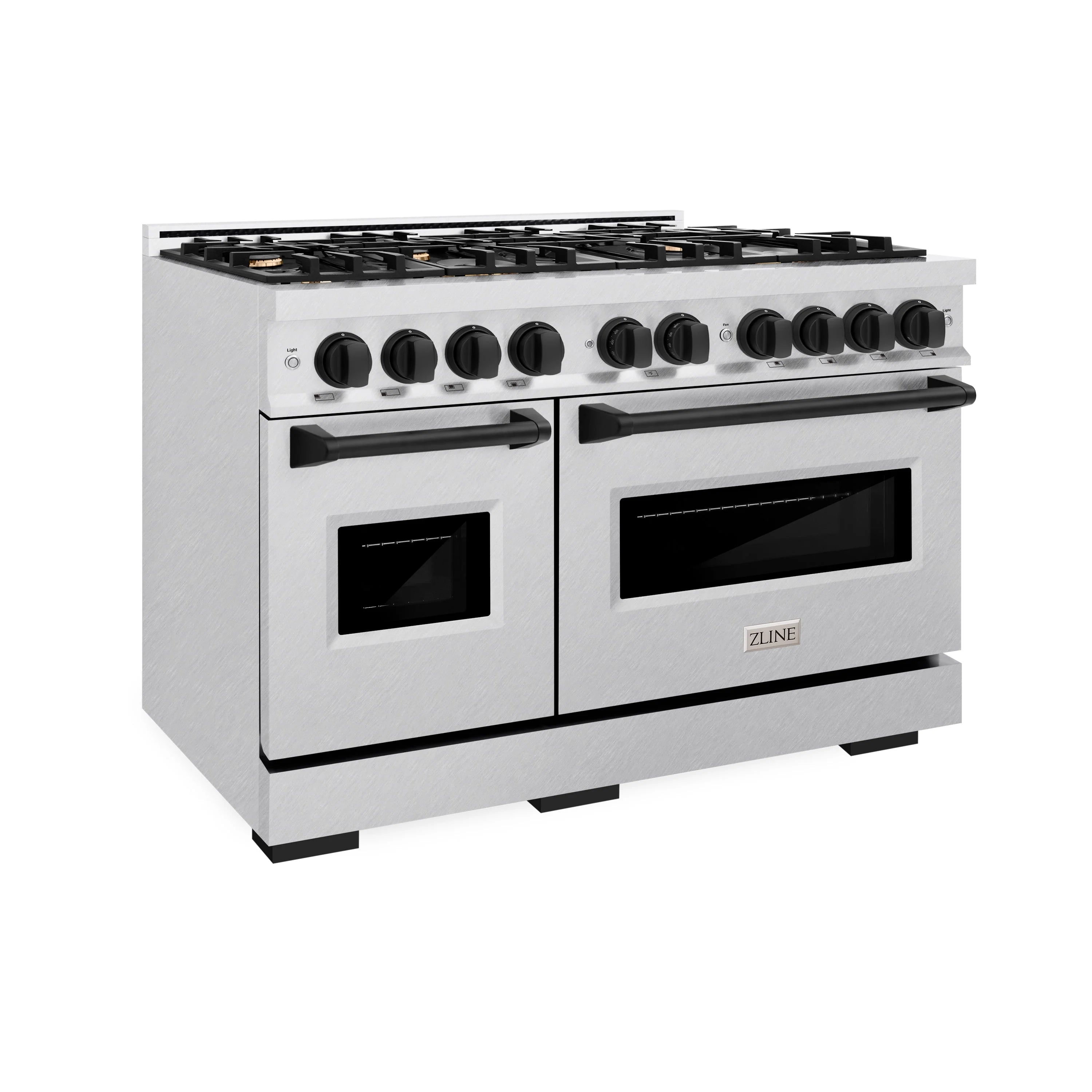 Gas range front view with eight burner grates, black knobs, and double oven doors
