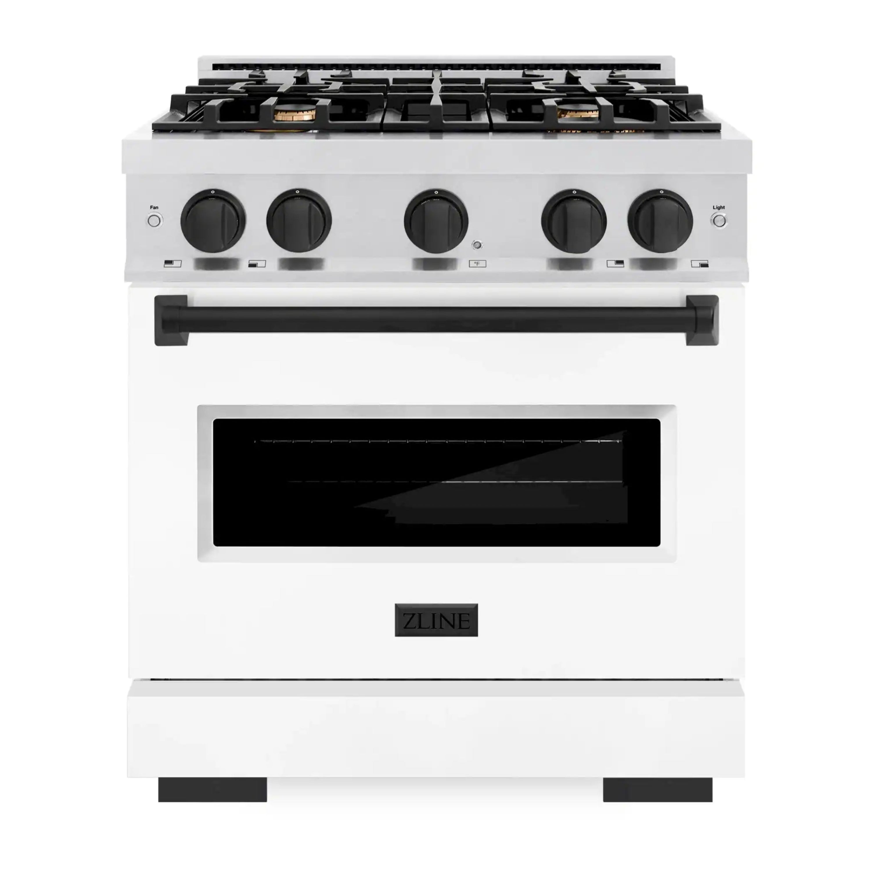 Front of gas convection range with four black knobs and cooktop, satin stainless