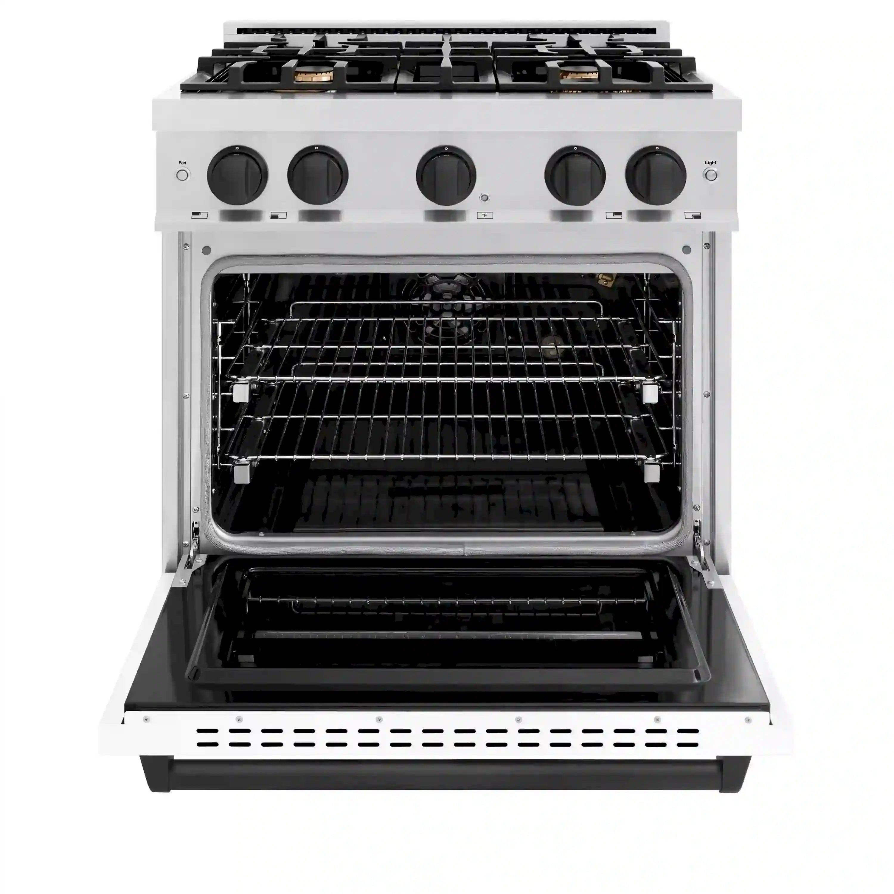 Gas oven interior with rack positions and bake tray, satin stainless range