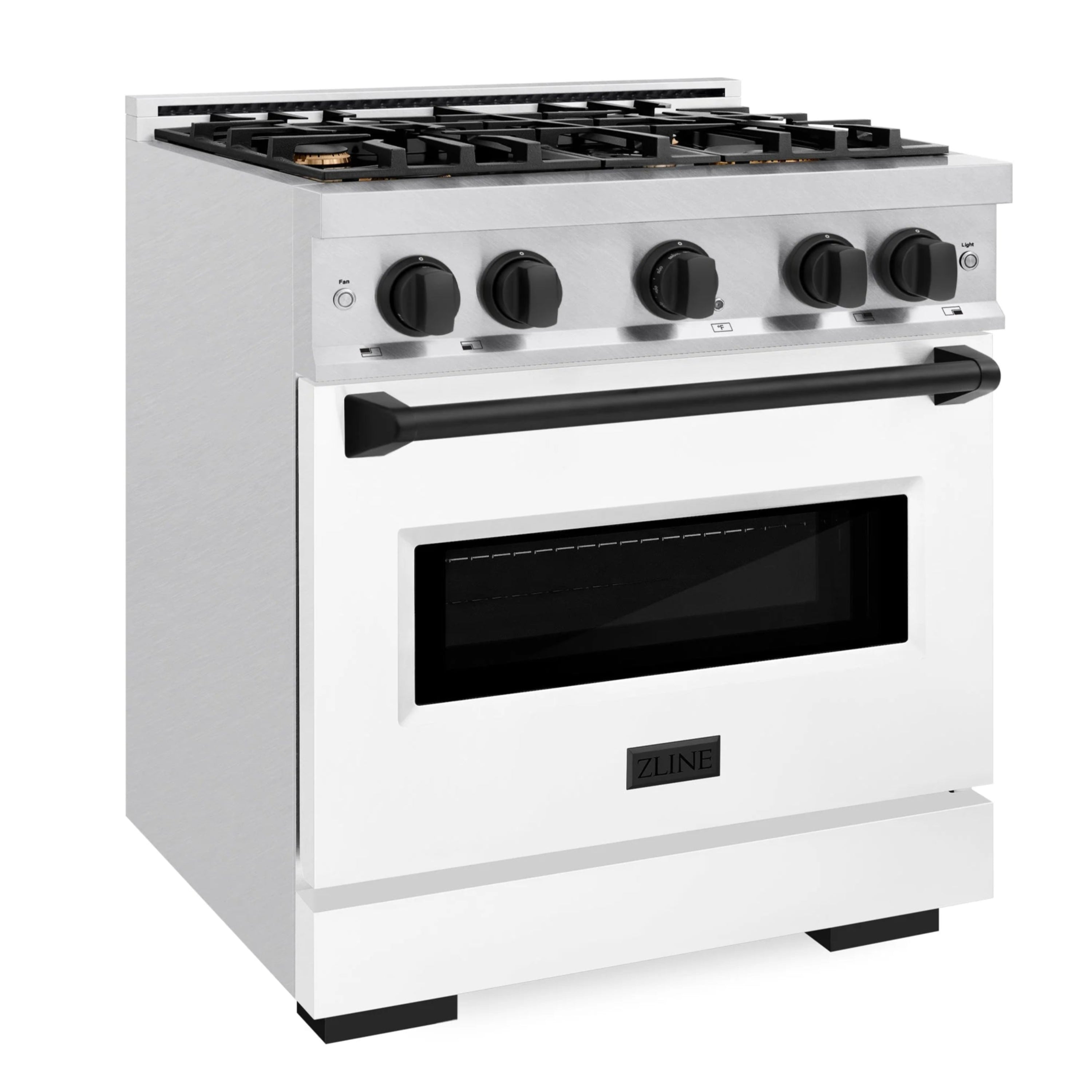 Gas convection range with four-burner cooktop and glass oven door, satin stainless
