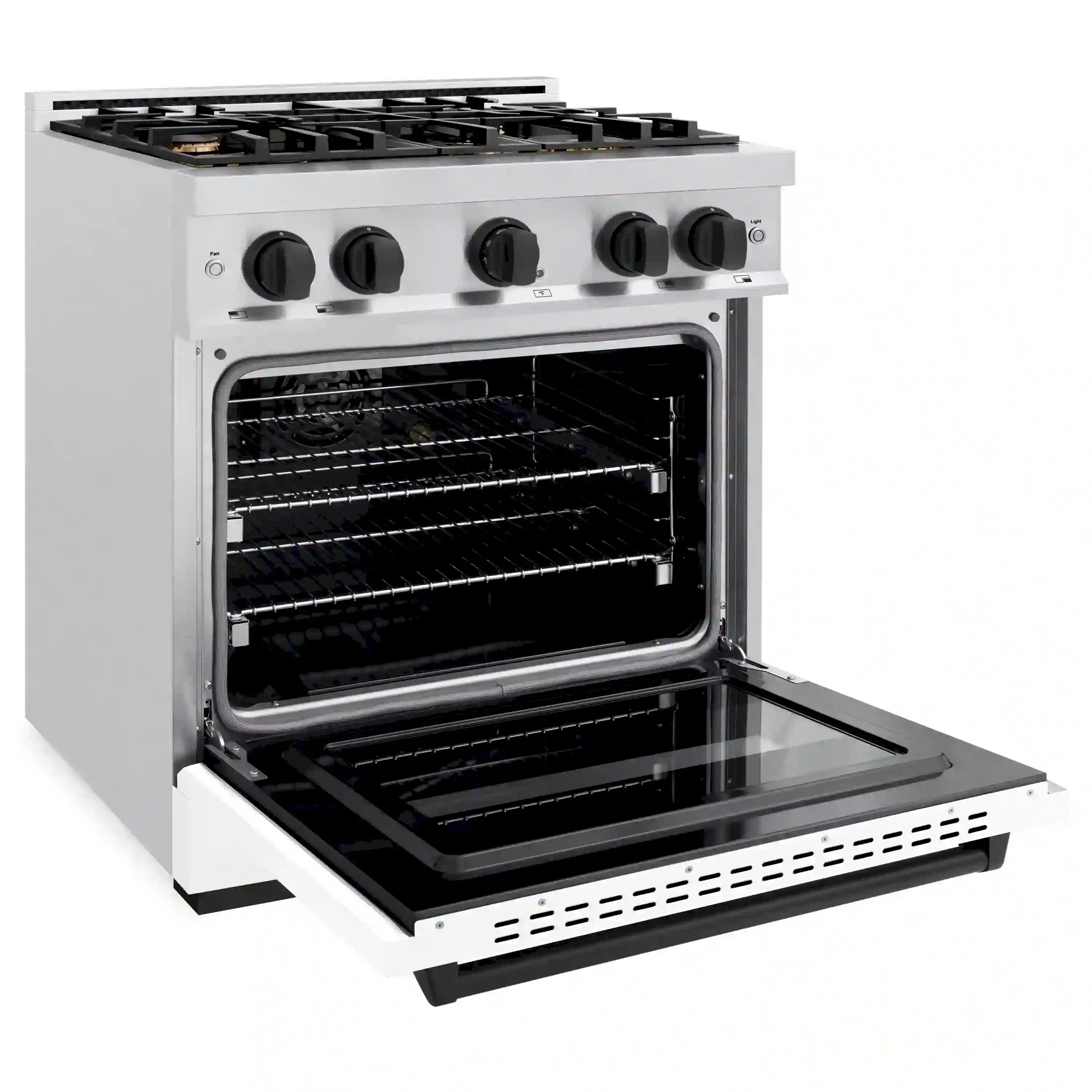 Gas oven door open showing oven interior racks and black glass window, satin stainless