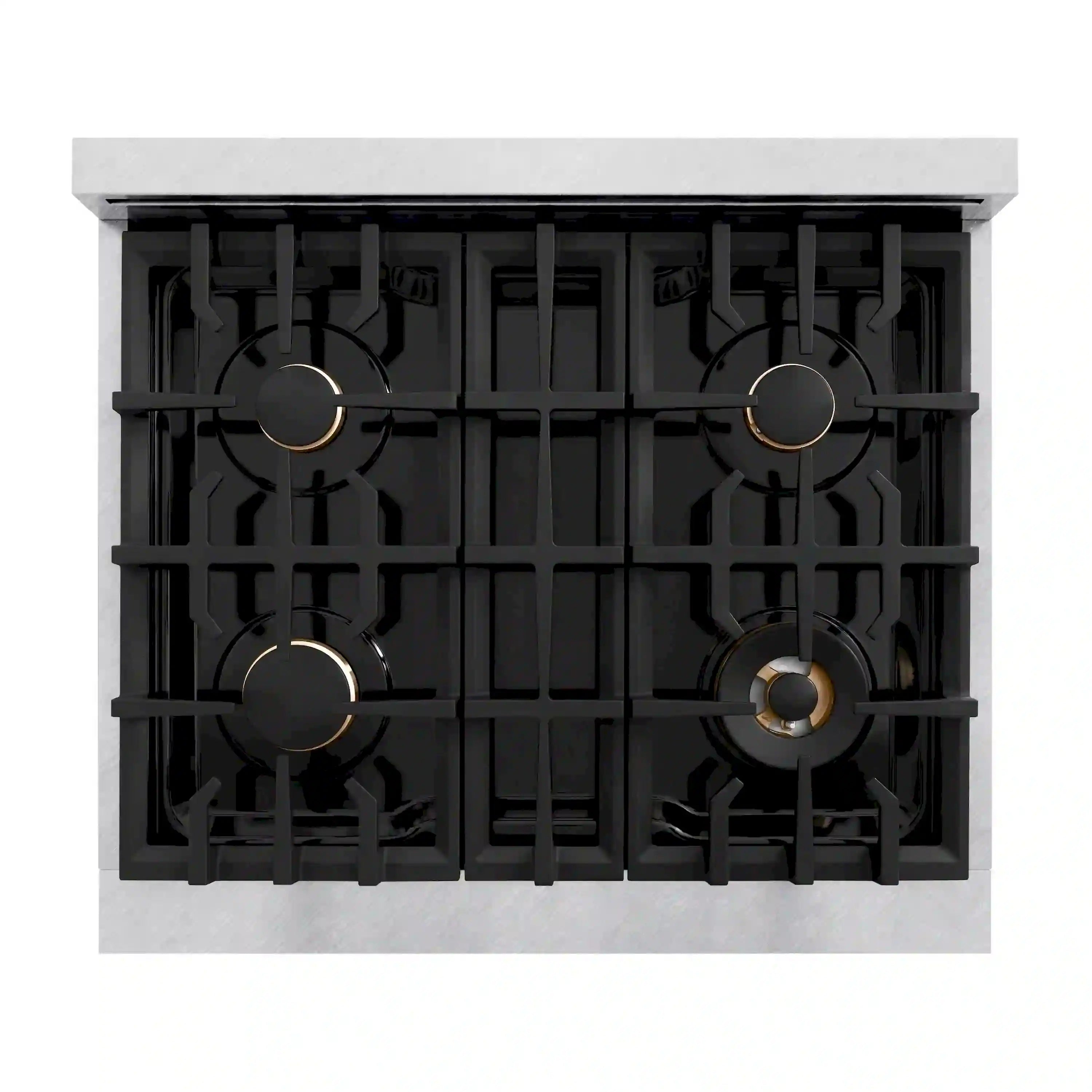 Four-burner gas cooktop with black grates and burner caps, satin stainless top