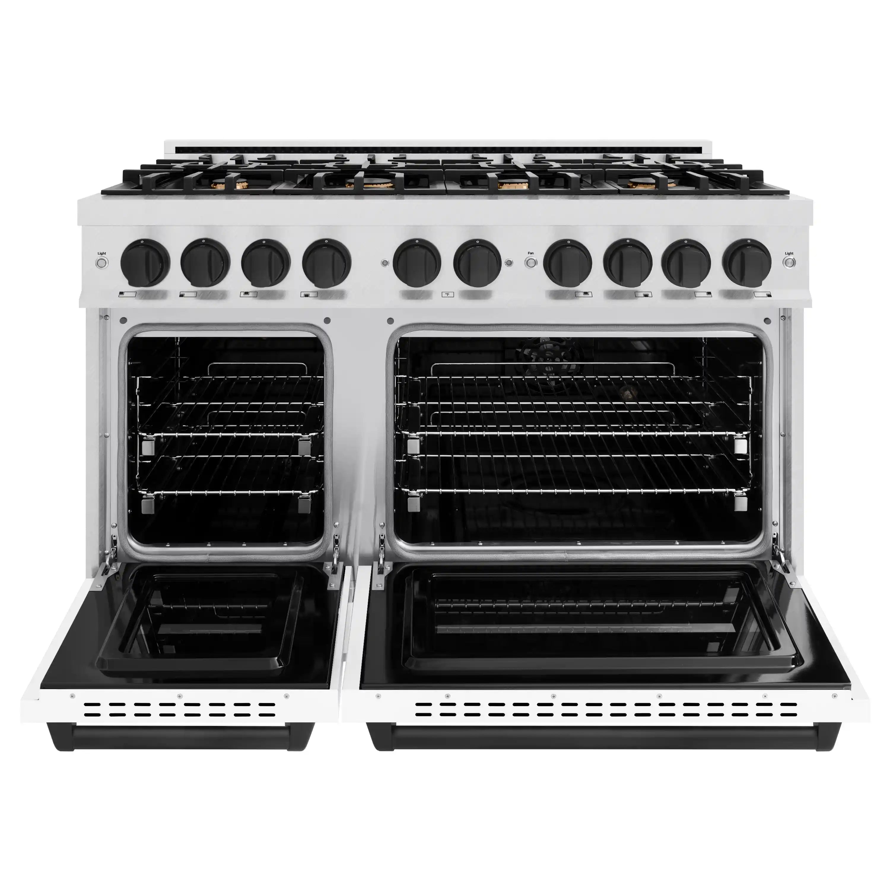 Satin stainless gas range with white matte doors and black control knobs, open dual ovens