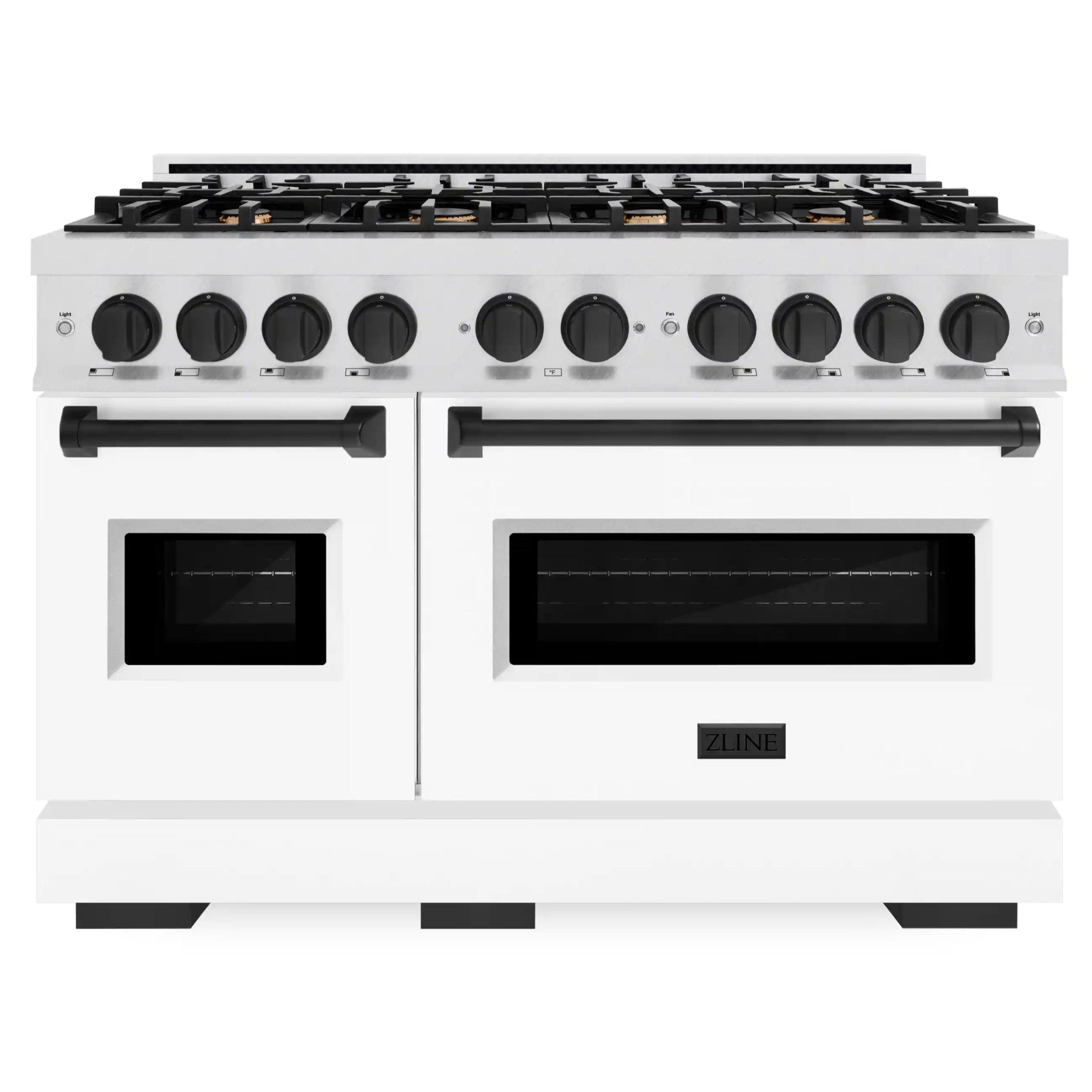 White matte-front gas range with satin stainless trim, black grates, and two oven windows
