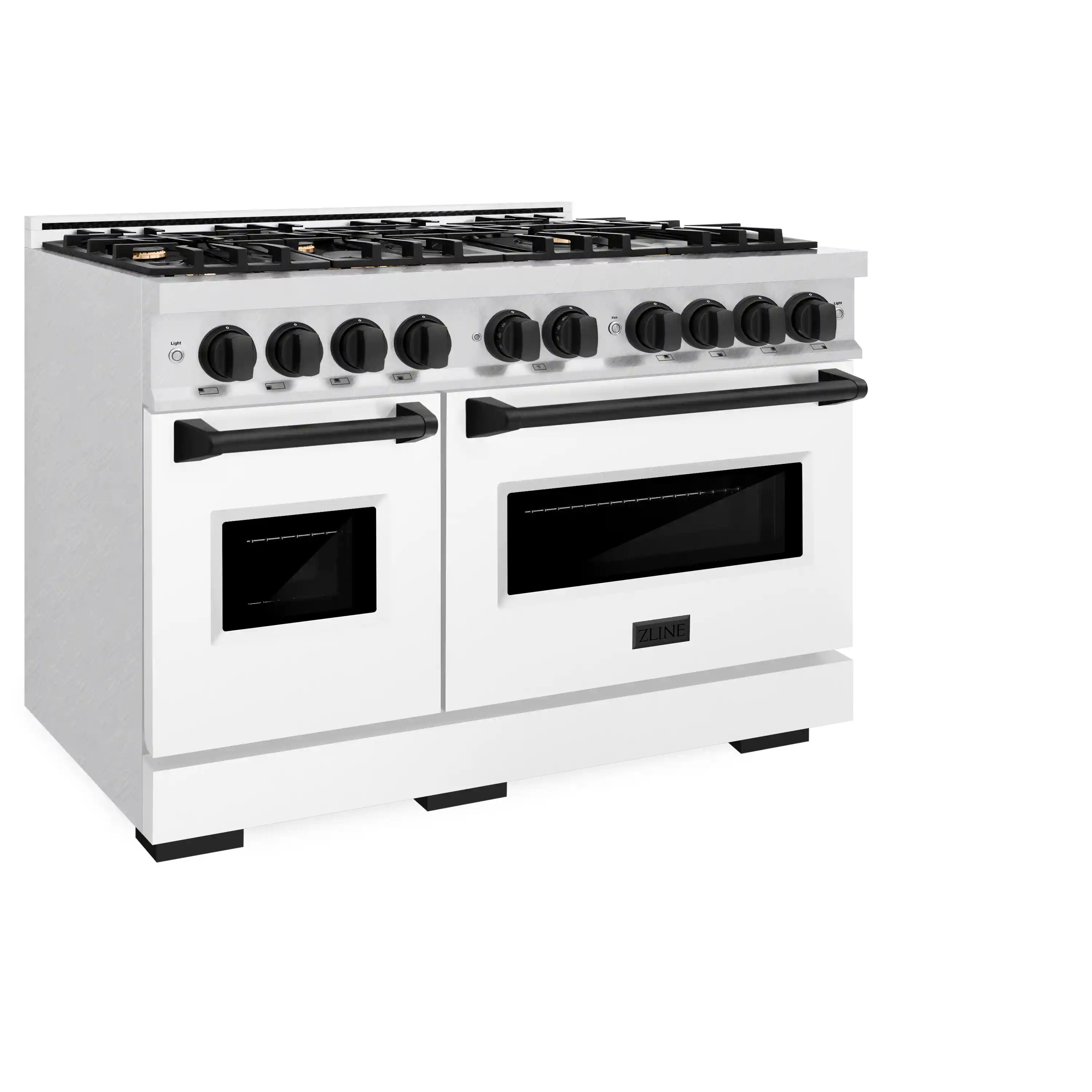 Satin stainless gas range with white matte doors, black burner grates, and front control knobs