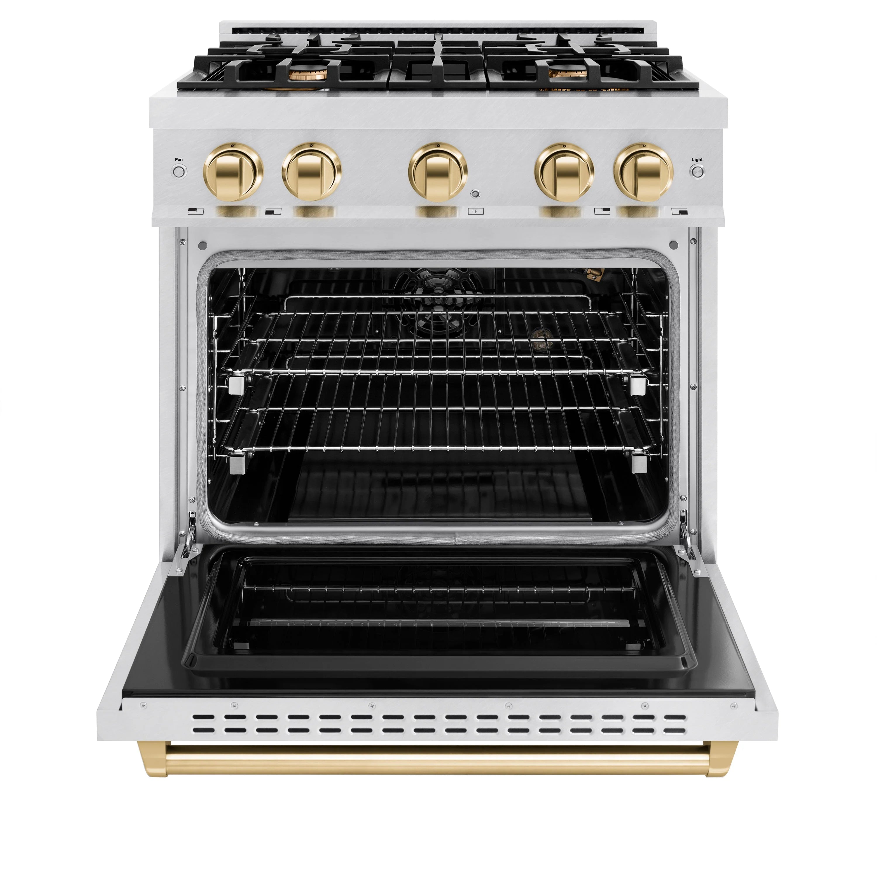 Gas convection oven open door showing black interior rack and wire grill in stainless frame